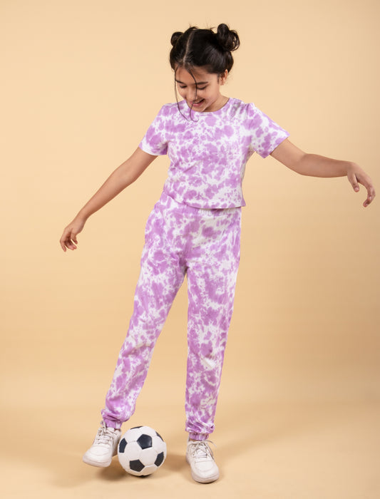 Girls Kids Co-ord Set Tie-Dye Jogger Pant with Crop Top For Summer Wear (Lavender)