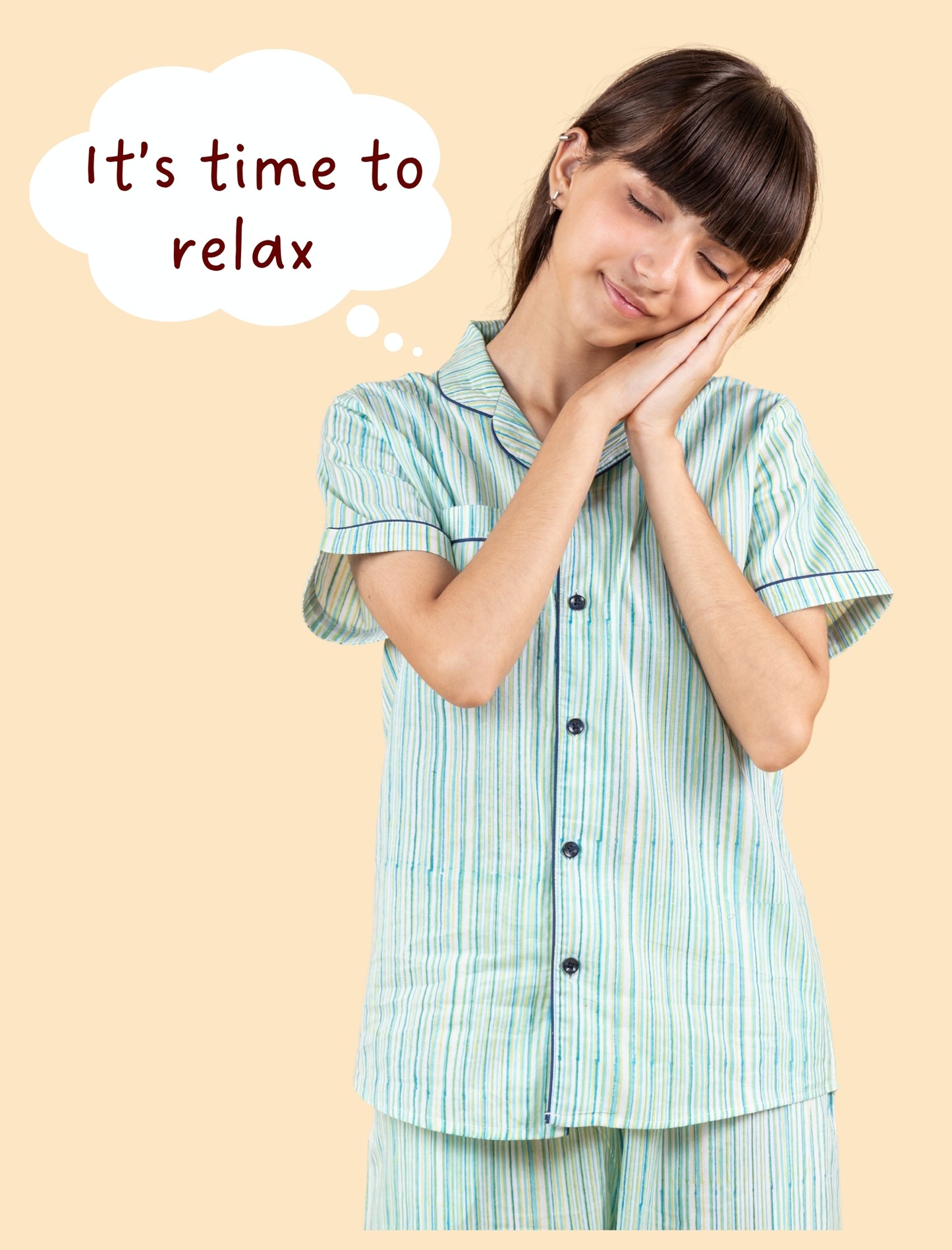 Pure Cotton Half Sleeve Block Print Nightsuit Kids Girls (Blue) - Tweeny Mini