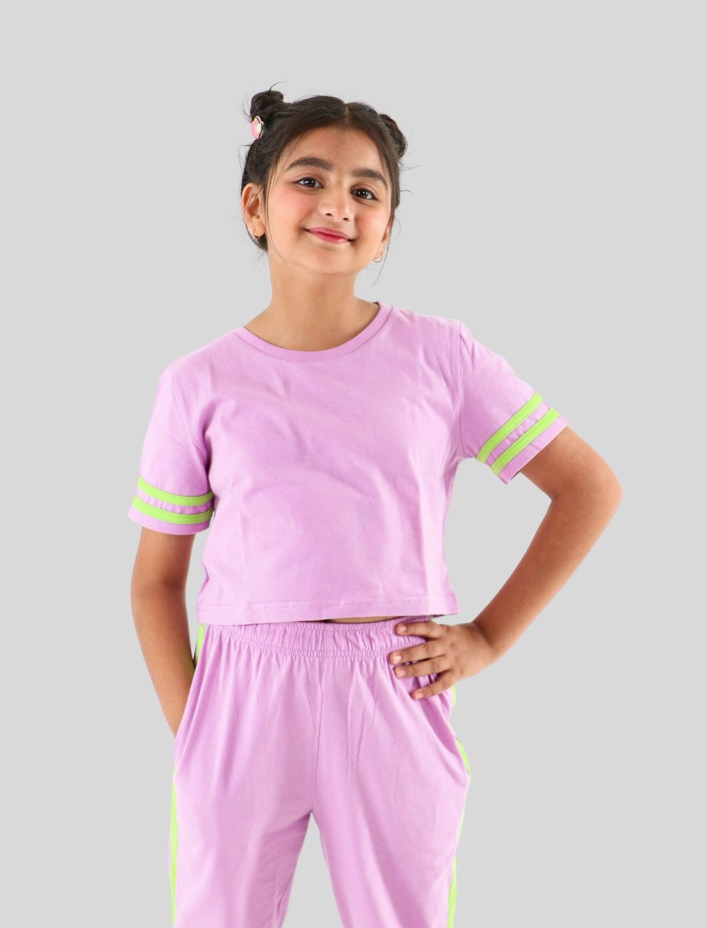 Summer Stylish Colour Block Kids Girls Joggers Set With Crop Top (Purple) - Tweeny Mini