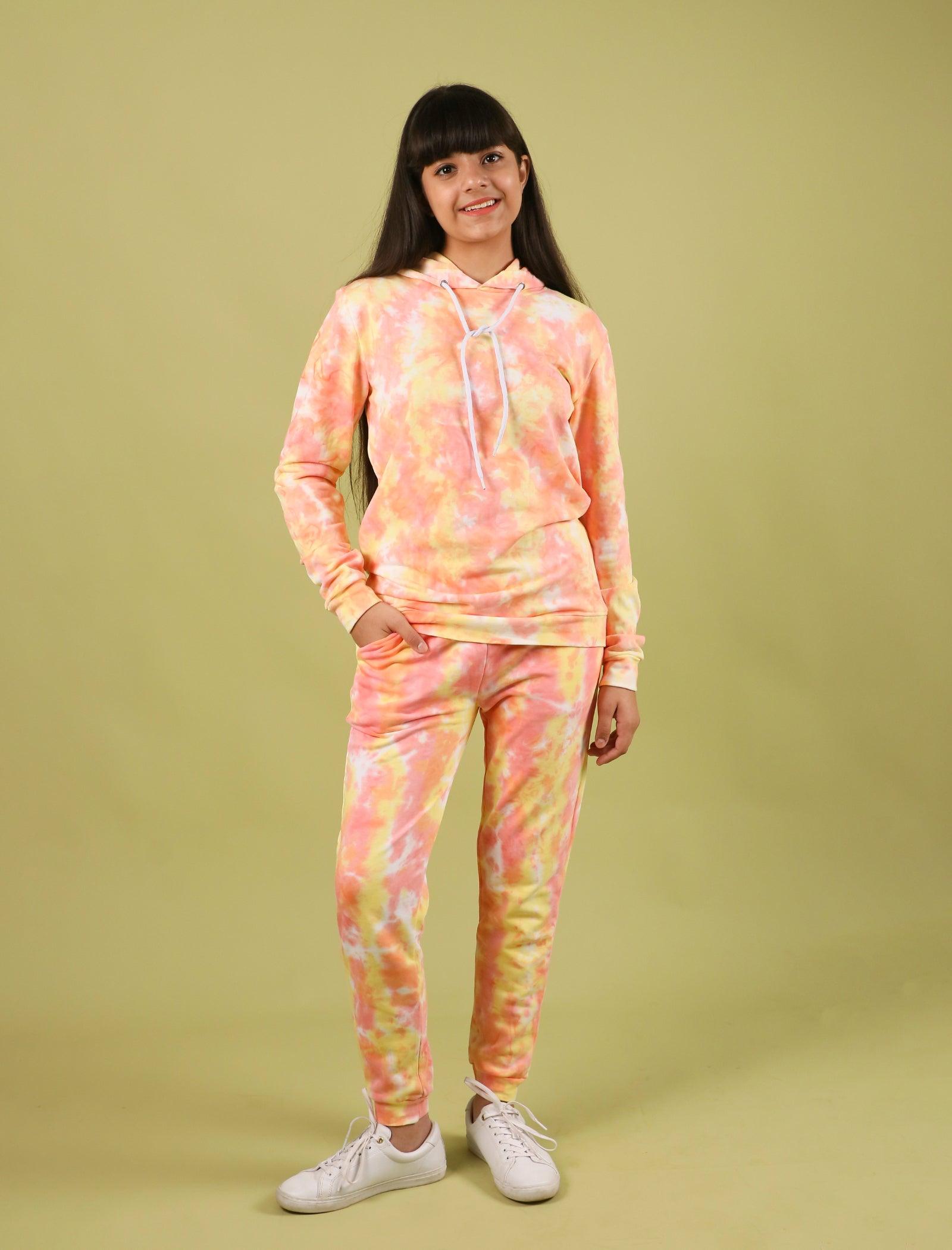 Kids Tie Dye Hoodie for Girls with Jogger Pant (Peach)