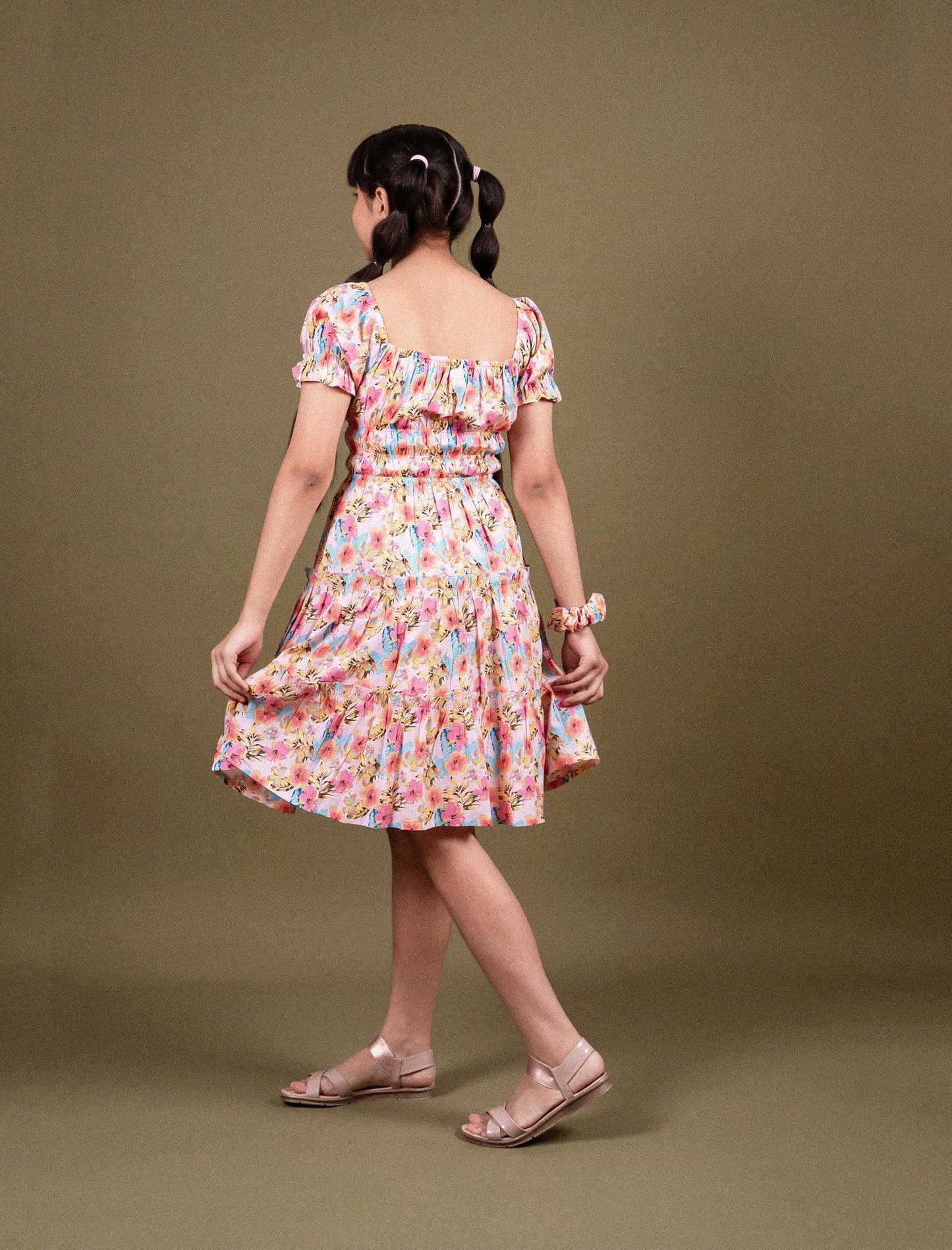 Classic Smocked Girls Kids Floral Dress with Puffed Sleeves (Peach) - Tweeny Mini