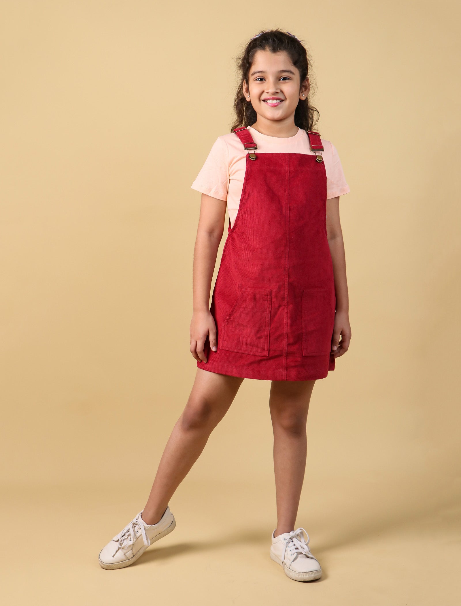 Premium Corduroy Pinafore Dungaree Dress for Girls with T-Shirt (Red)