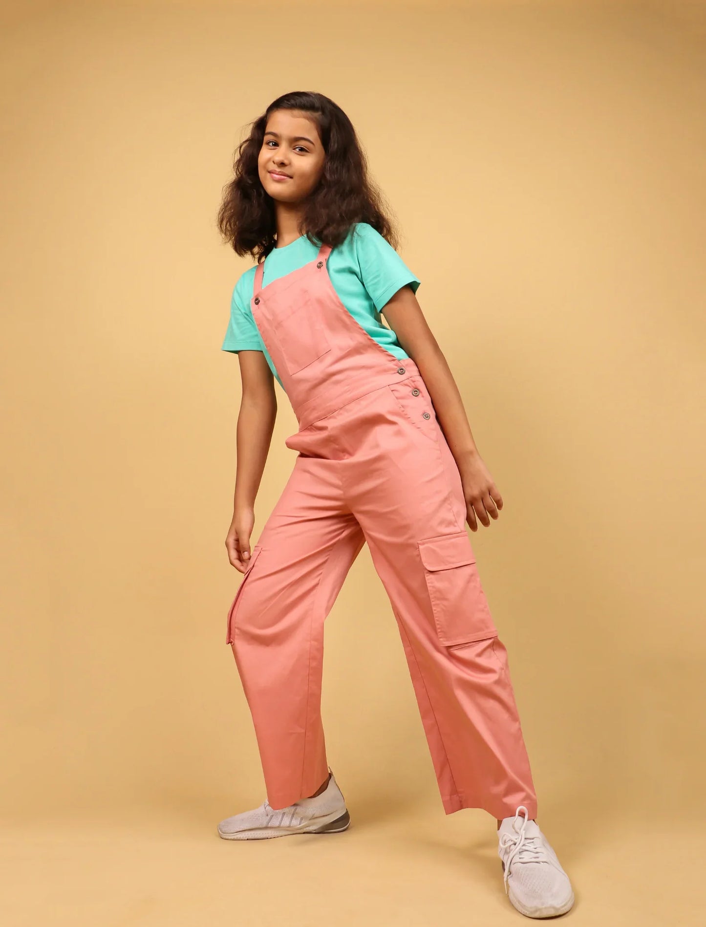 Cargo Twill Cotton Dungaree for Kids Girls with Half Sleeve T-Shirt (Peach) - Tweeny Mini