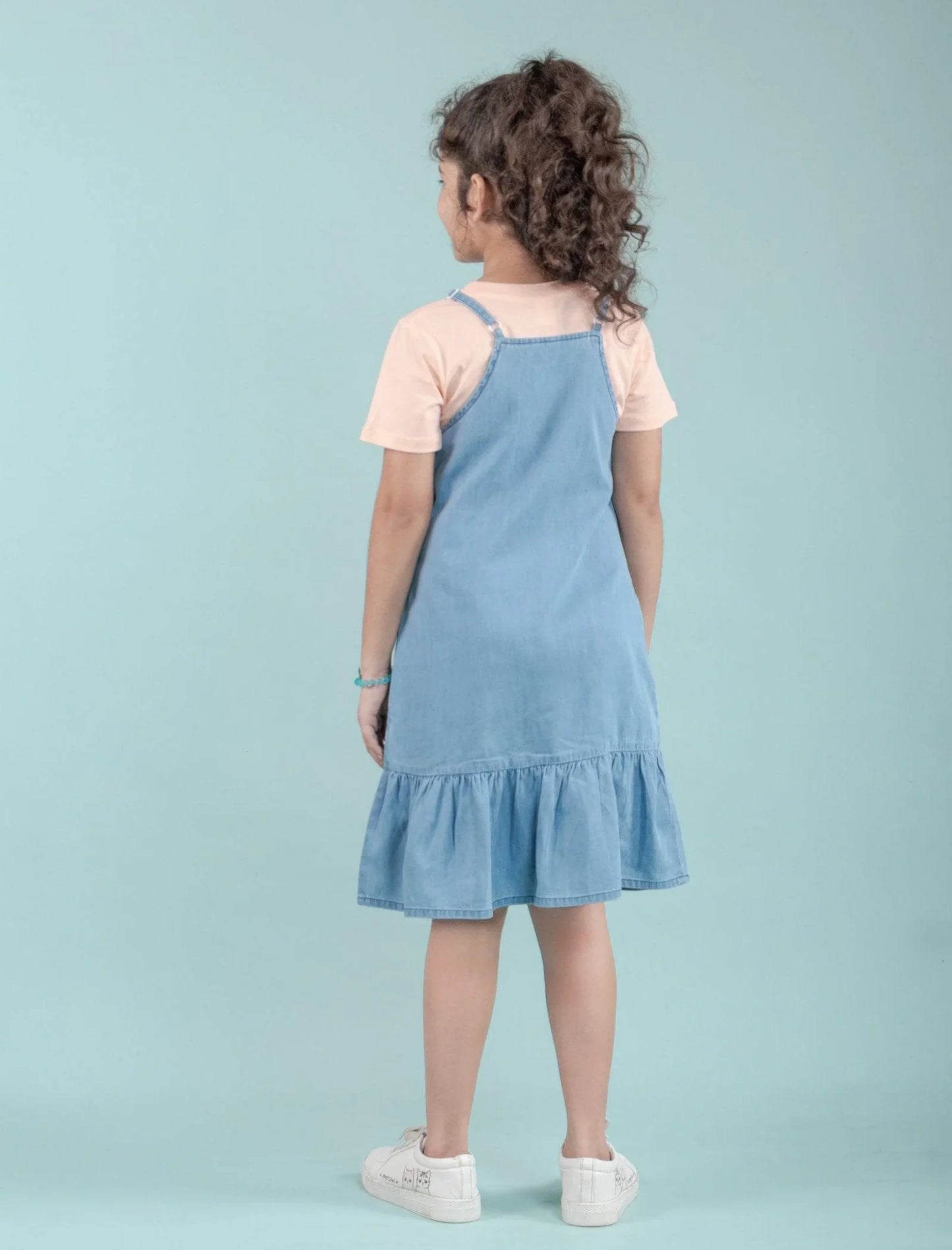 Strappy Denim Kids Girls Pinafore Dress with T-Shirt (Light Blue) - Tweeny Mini
