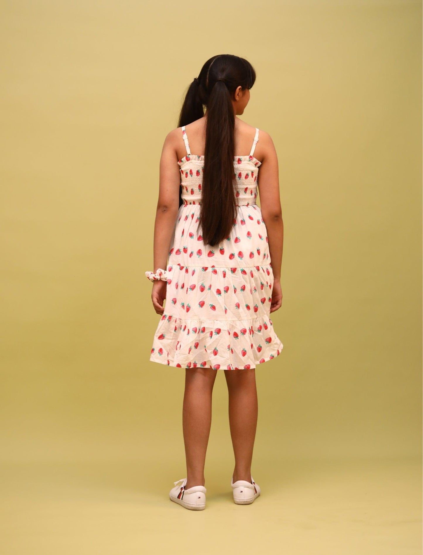 Strawberry Printed Summer Dress for Girls Kids with Matching Scrunchies (Red) - Tweeny Mini