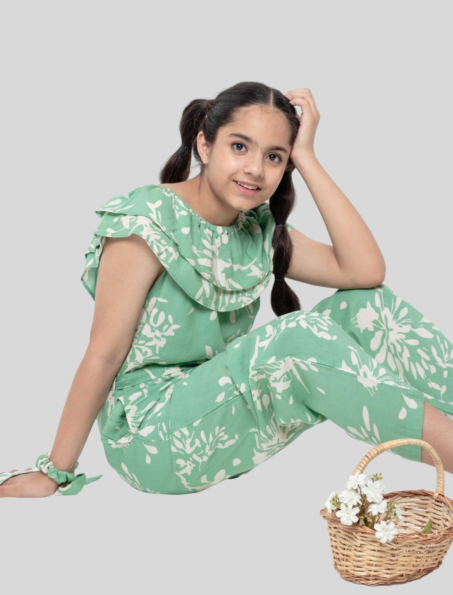 Off-Shoulder Floral Printed Summer Jumpsuit for Girls Kids (Light Green) - Tweeny Mini