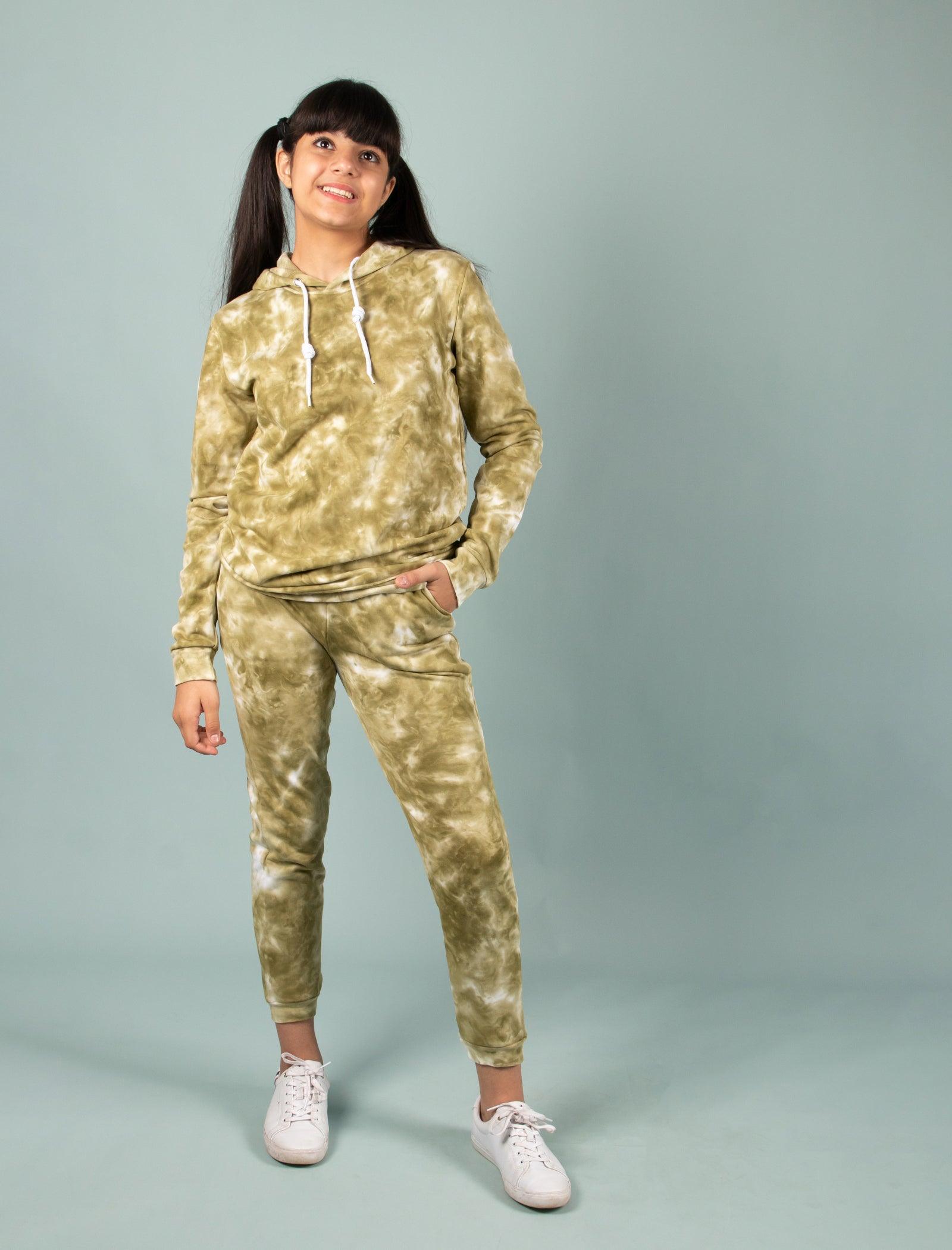 Winter Tie Dye Hoodie Jogger Set for Girls Kids (Sage Green)