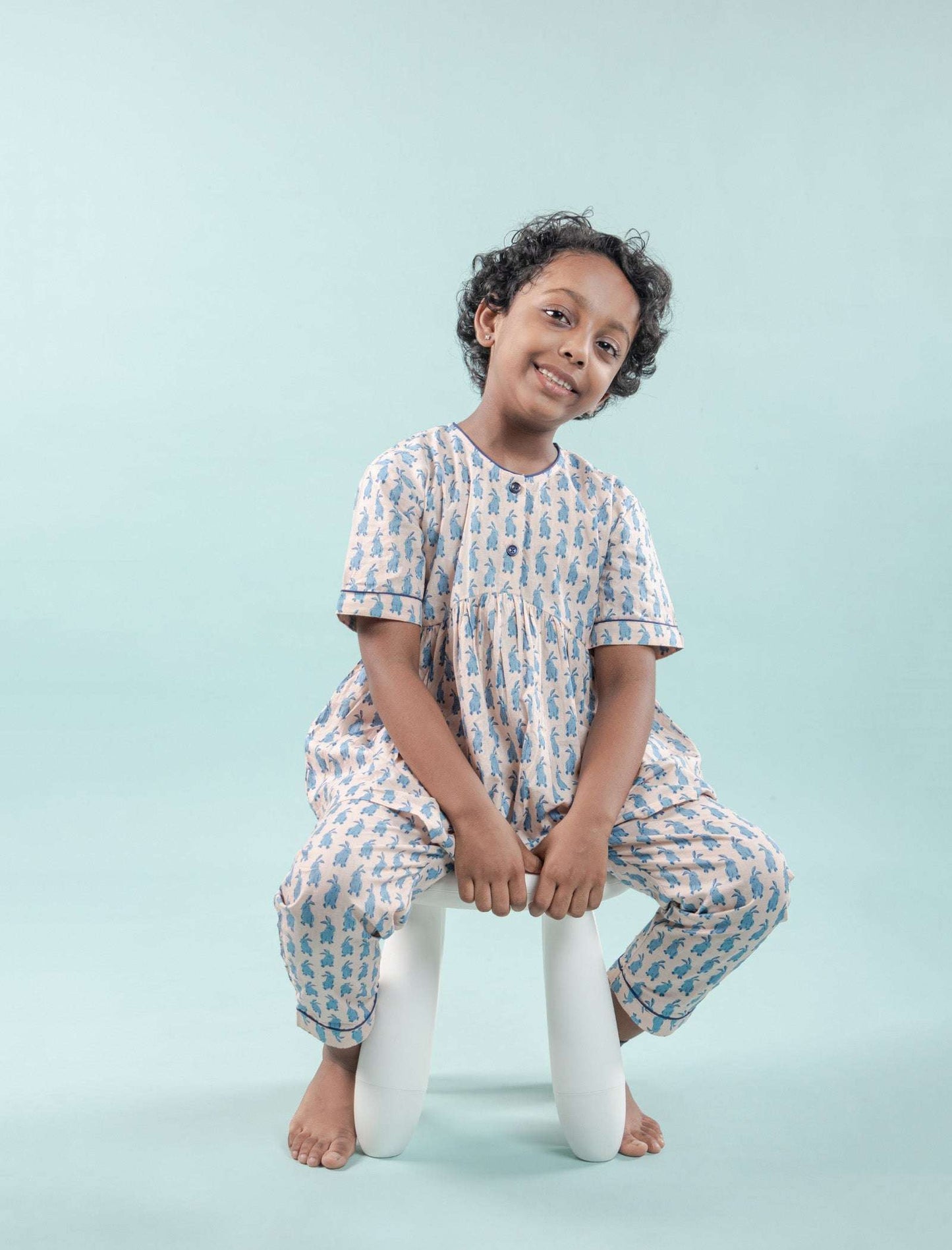 Cute Bunny Printed Night Dress for Girls Kids (Light Blue) - Tweeny Mini