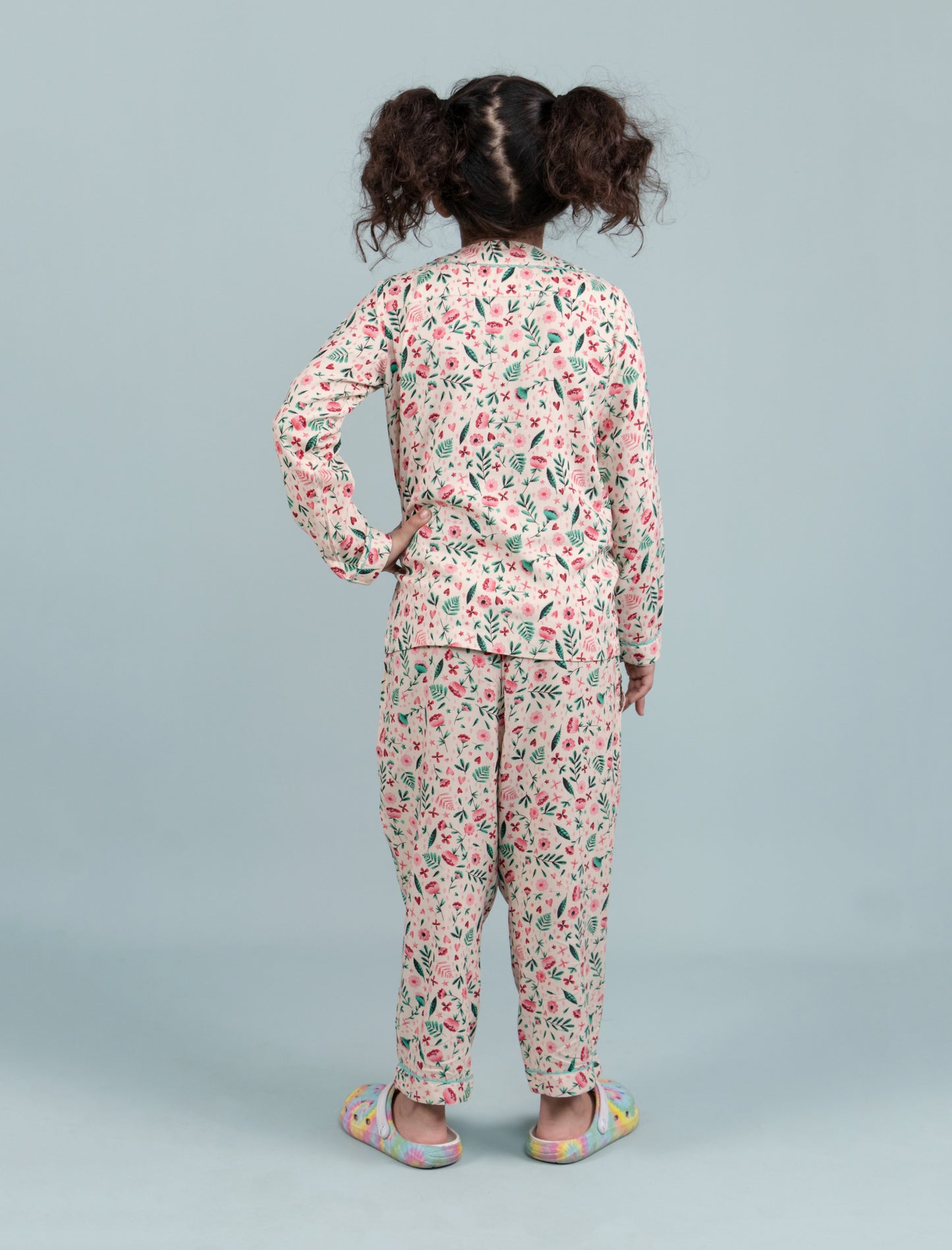 Pure Rayon Floral Night Suit for Girls Kids with Pyjama Set (Full Sleeves, Beige) - Tweeny Mini