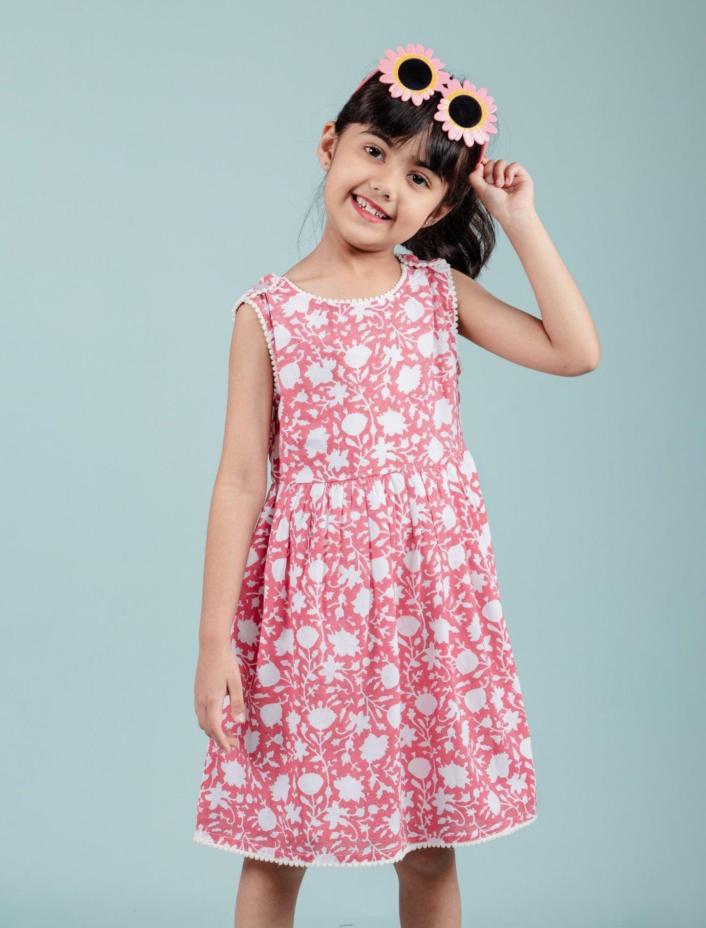 Hand Block Floral Printed Frock for Girls Kids (Red) - Tweeny Mini