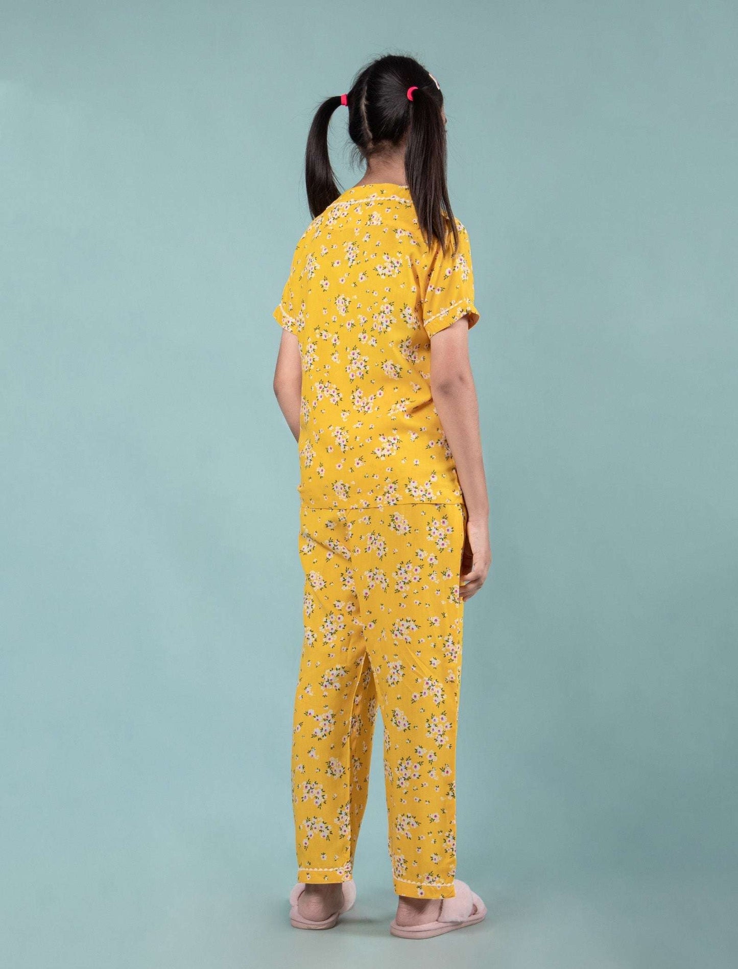 Pure Rayon Floral Nightwear for Girls Kids (Half Sleeve, Yellow) - Tweeny Mini