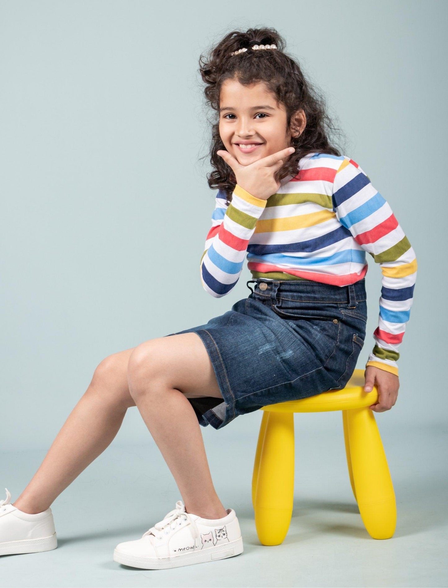 Hand Printed Full Sleeve Cotton T-Shirt for Girls Kids (Multi Stripe) - Tweeny Mini