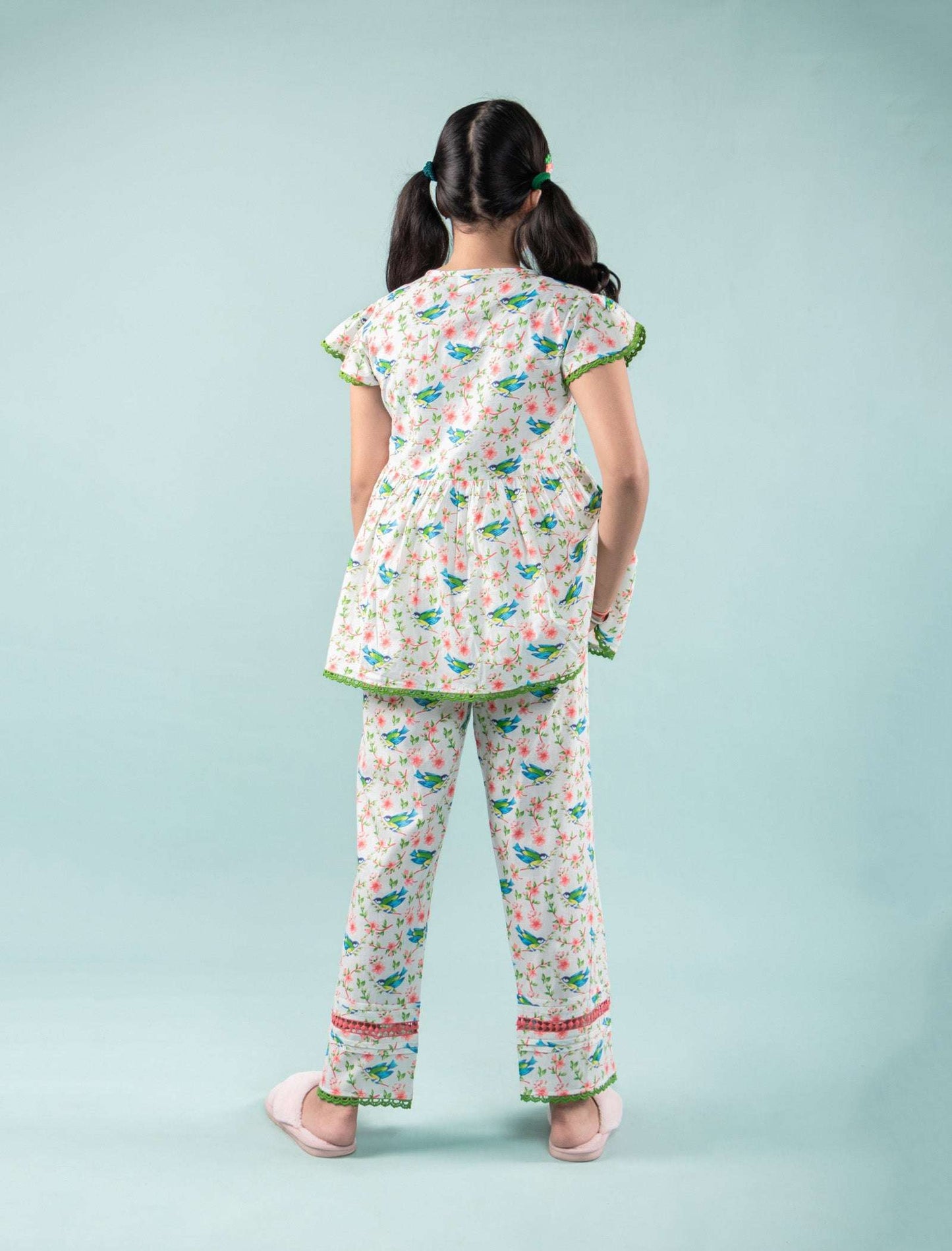 Bird Printed Girls Cotton Nightsuit with Eye Mask (Green) - Tweeny Mini