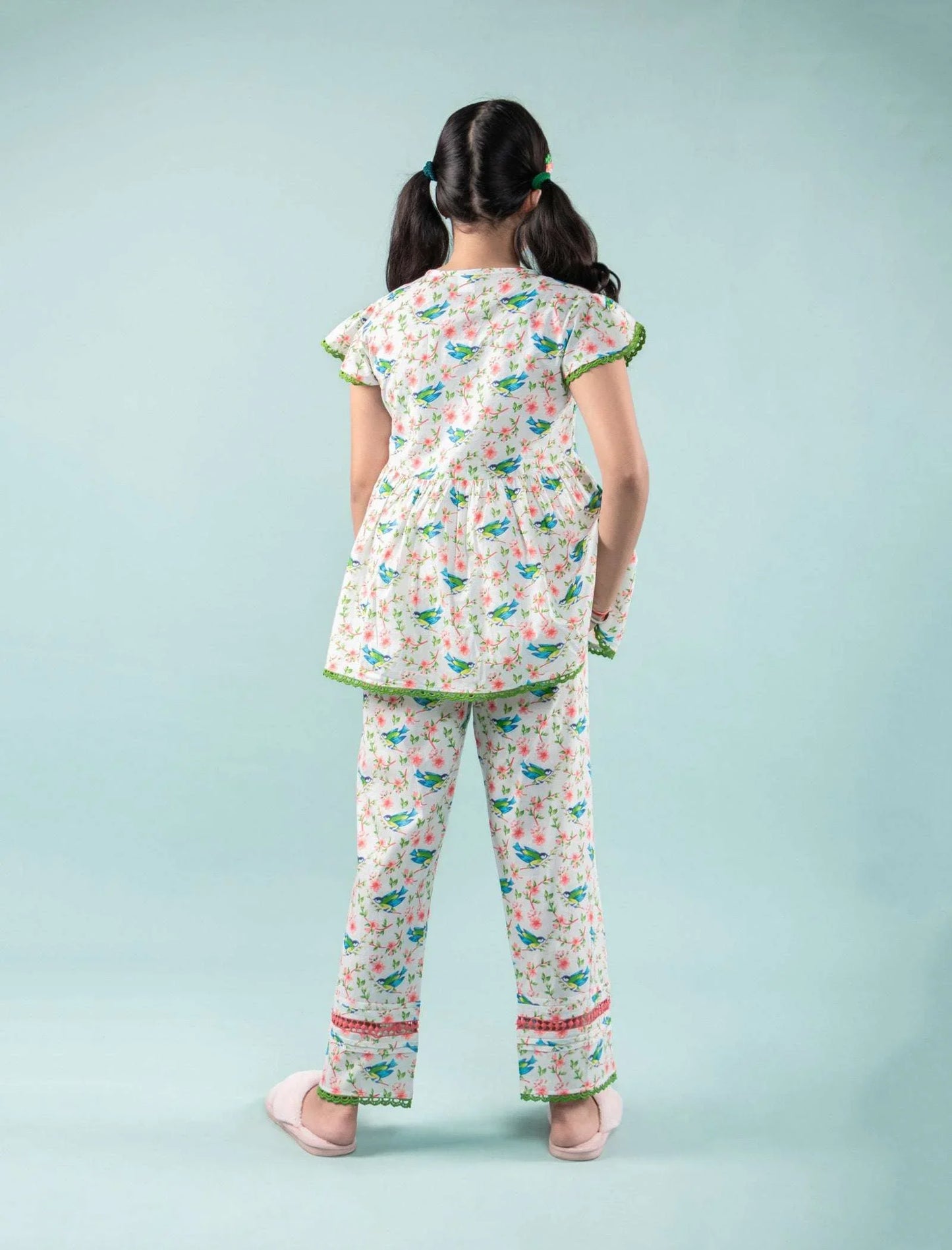 Bird Printed Girls Cotton Nightsuit with Eye Mask (Green) - Tweeny Mini