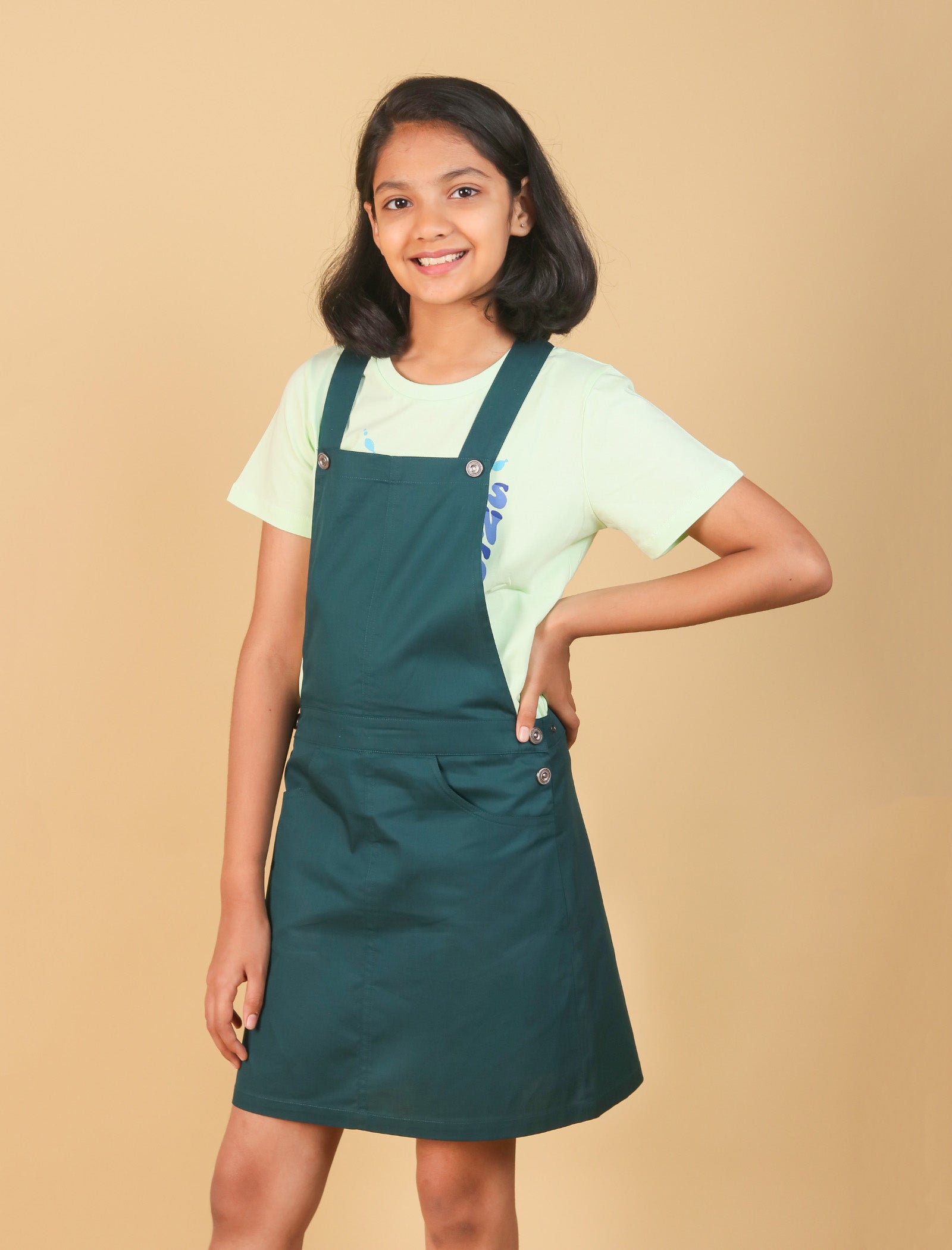 Premium Twill Cotton Girls Kids Pinafore Dress (Teal Green)