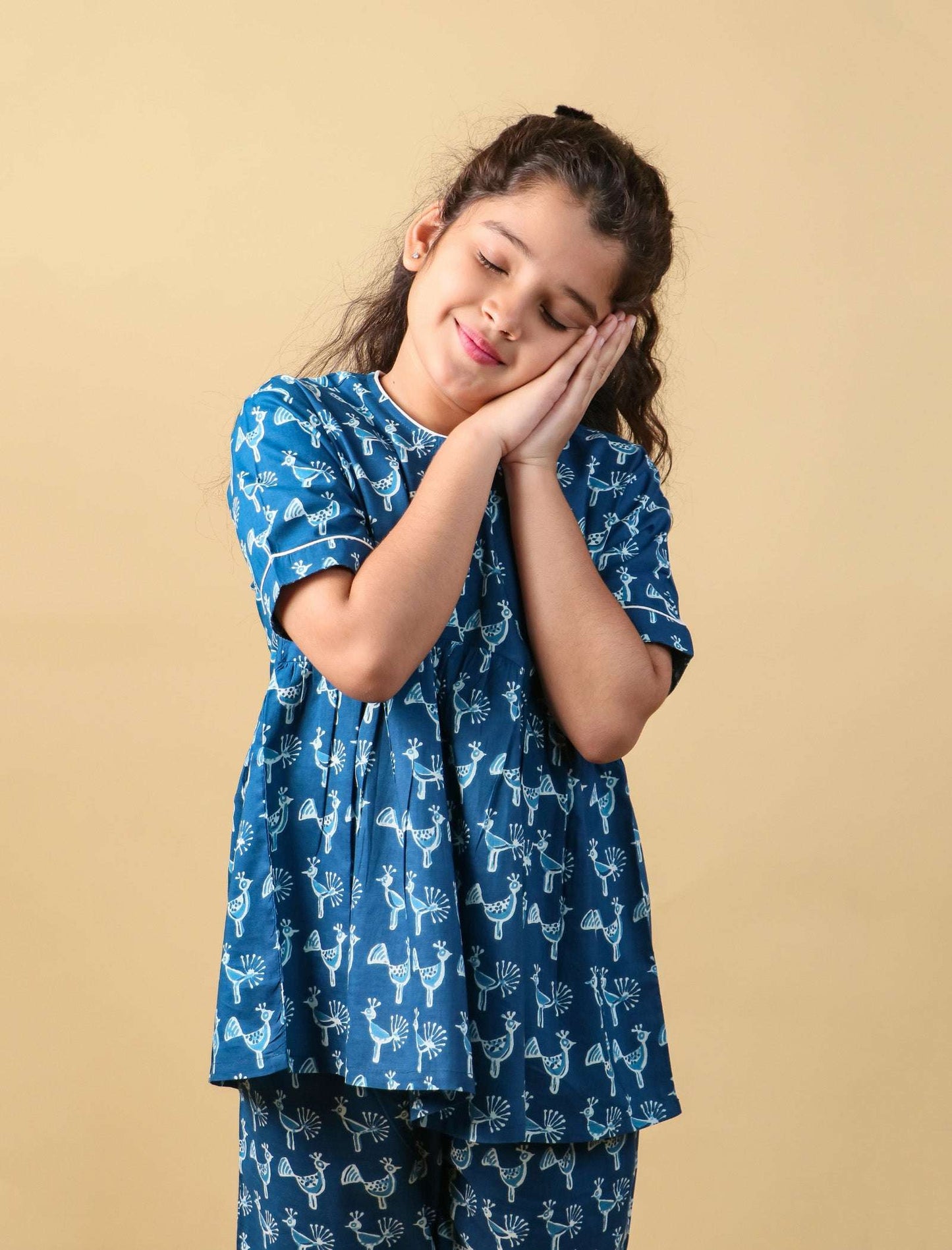 Peacock Print Night Suit for Kids Girls (Indigo Blue) - Tweeny Mini