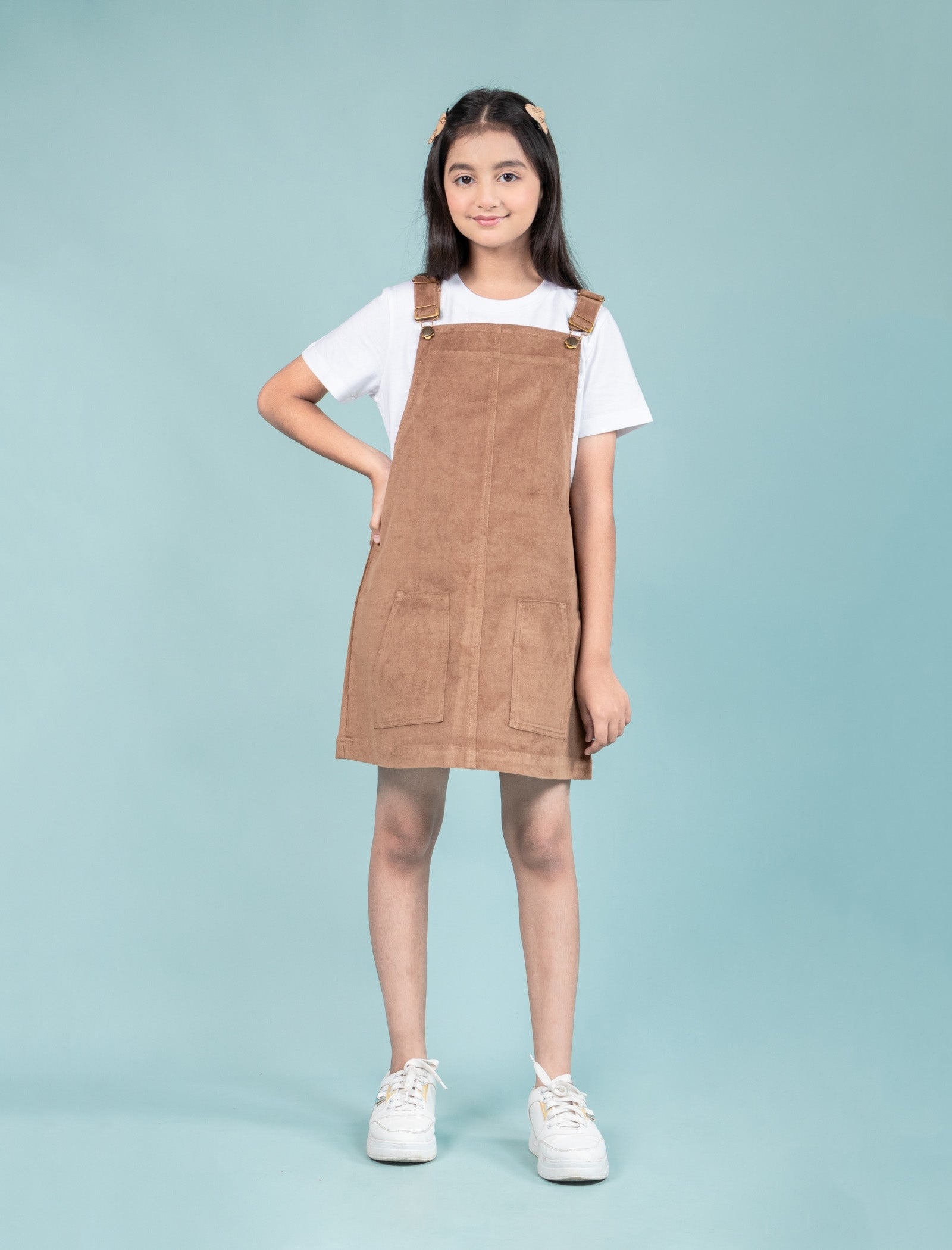 Girls Kids Classic Corduroy Pinafore Dress (Beige)