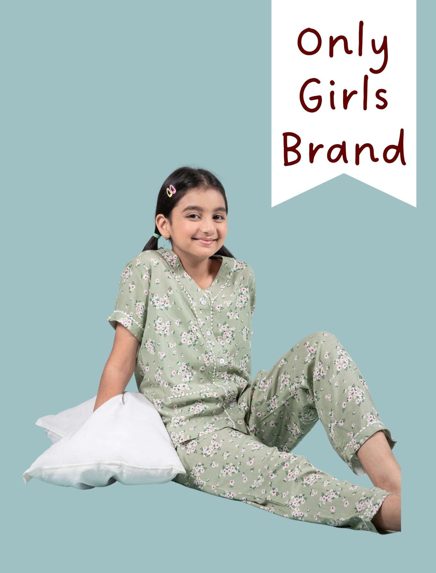Pure Rayon Floral Night Dress for Girls Kids (Half Sleeve, Green) - Tweeny Mini