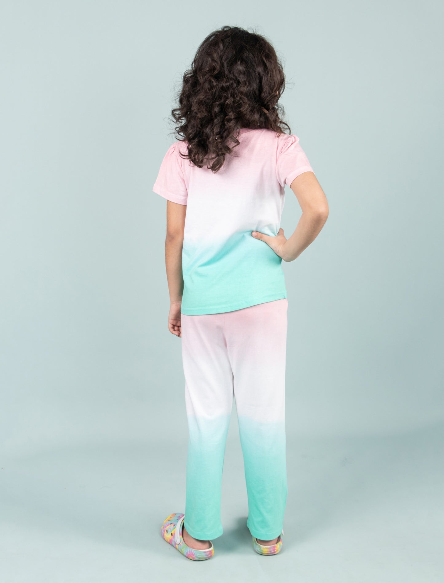 Ombre Style Tie-Dye Nightsuit for Girls Kids (Pink-Green) - Tweeny Mini