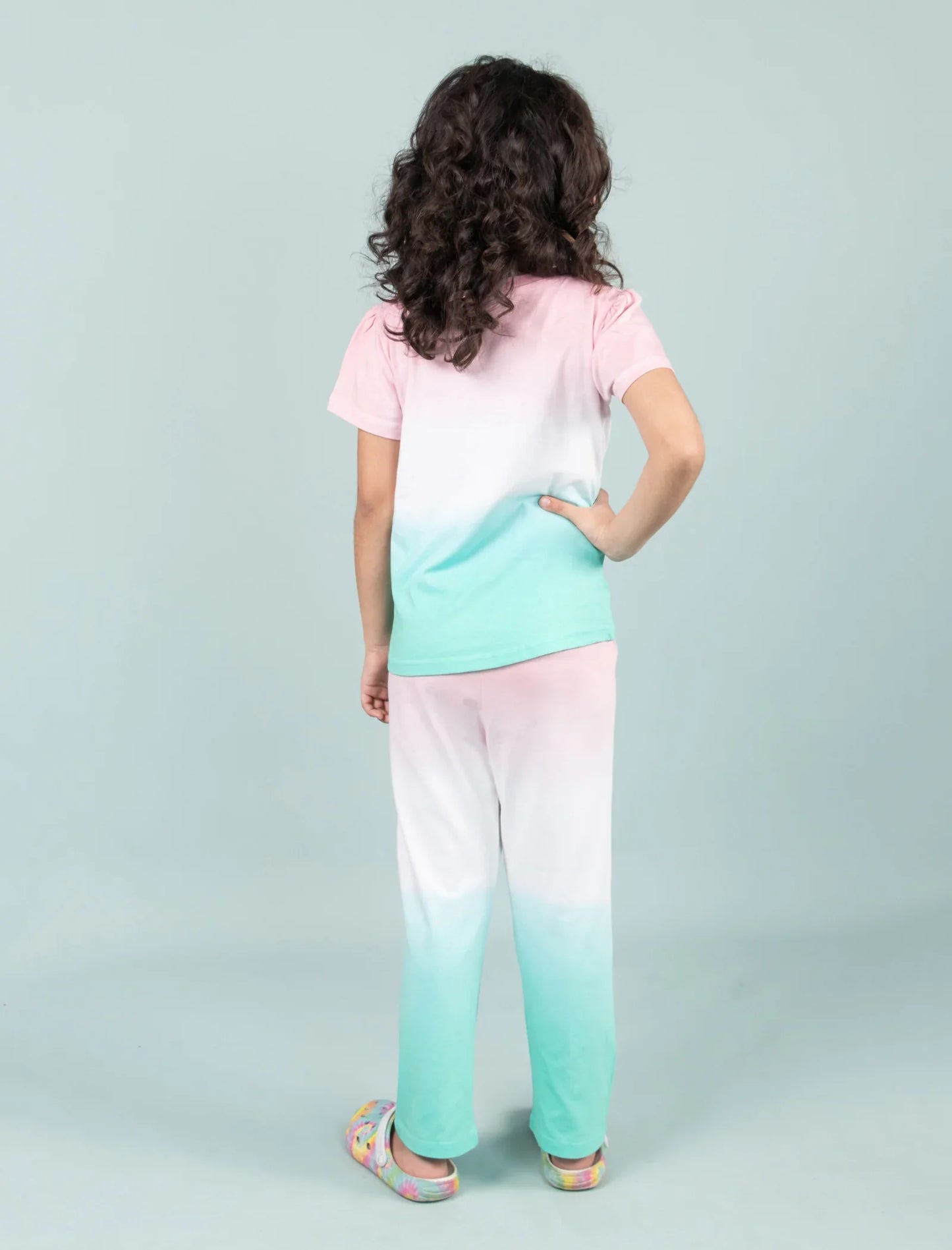 Ombre Style Tie-Dye Nightsuit for Girls Kids (Pink-Green) - Tweeny Mini