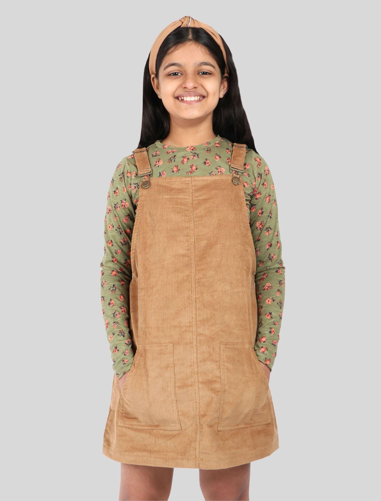 Classic Corduroy Kids Girls Pinafore Dress with Full Sleeve T-Shirt (Beige) - Tweeny Mini