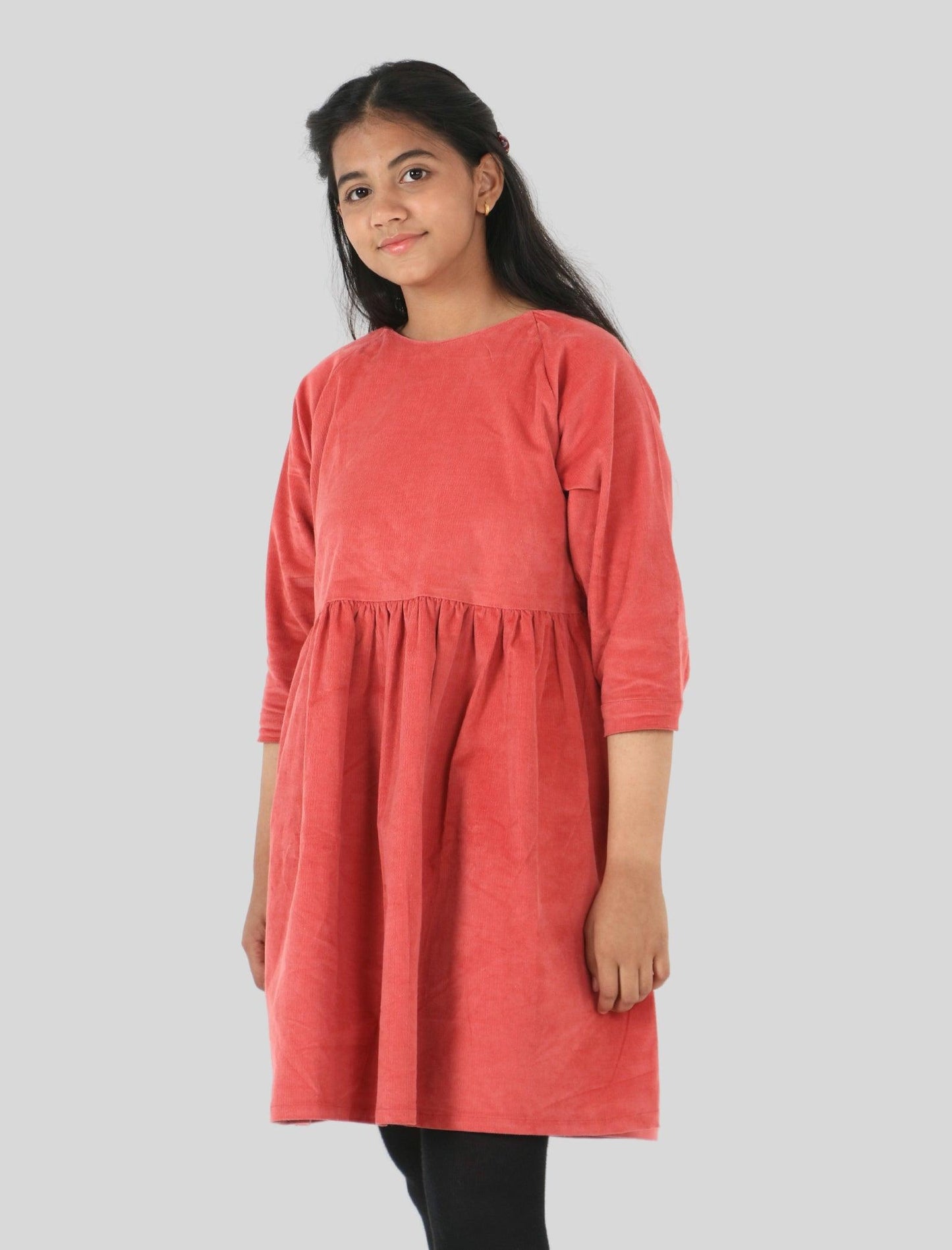 Girls Kids Full Sleeve Winter Corduroy Dress (Rust) - Tweeny Mini