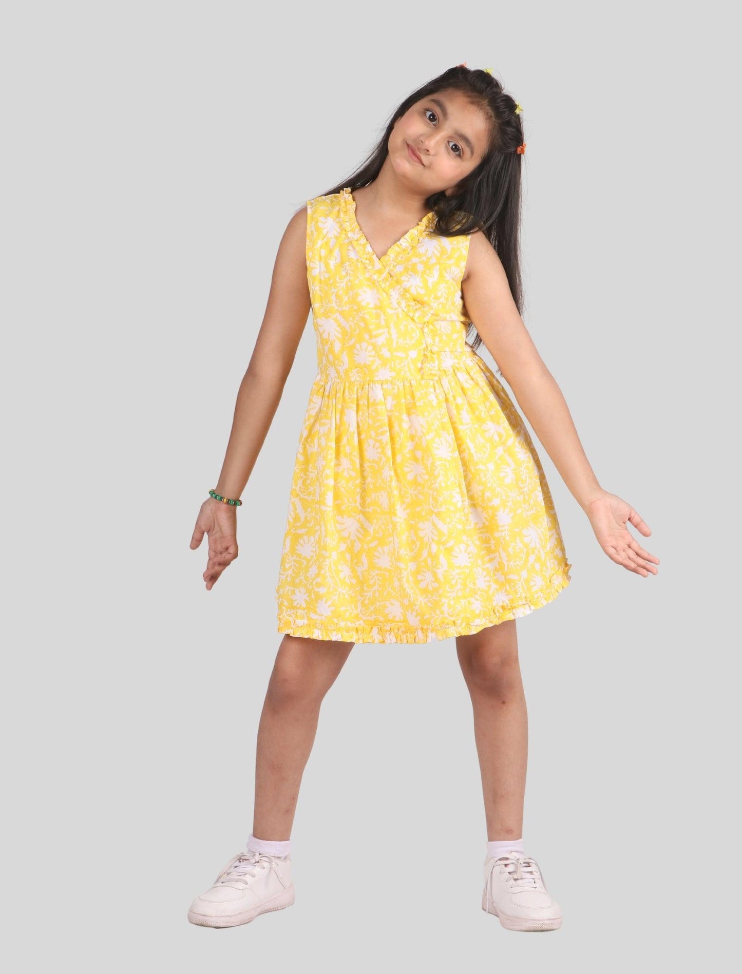 Hand Block Printed Floral Kids Girls Wrap Dress (Yellow) - Tweeny Mini