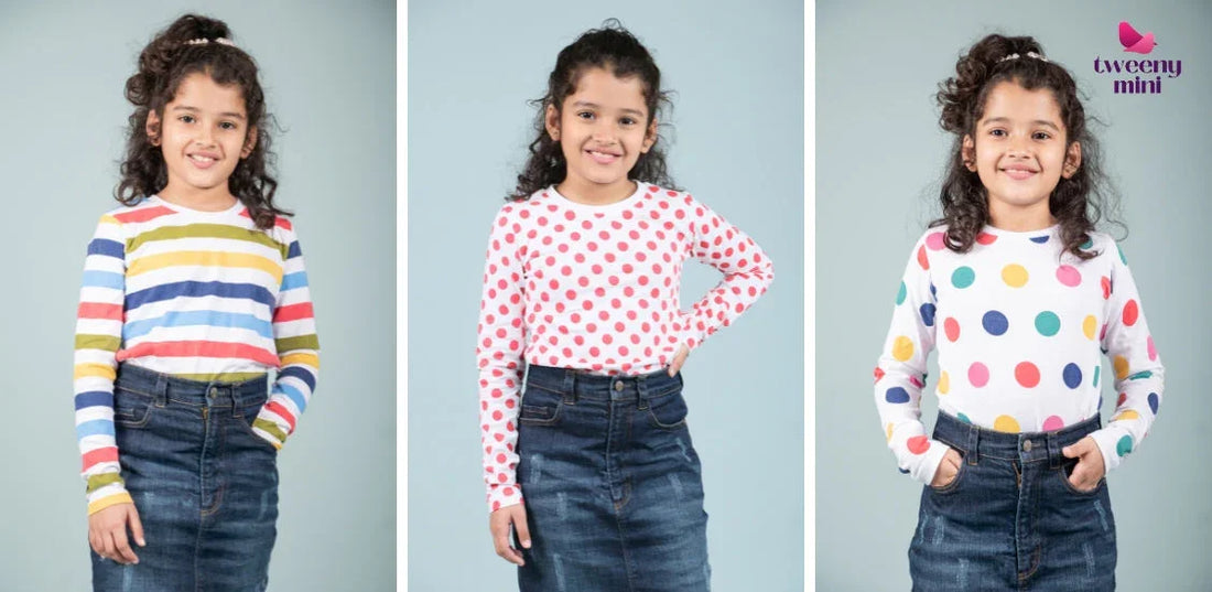 Young girl modeling long sleeve tops with stripes, red polka dots, and multi-color dots, paired with denim skirt