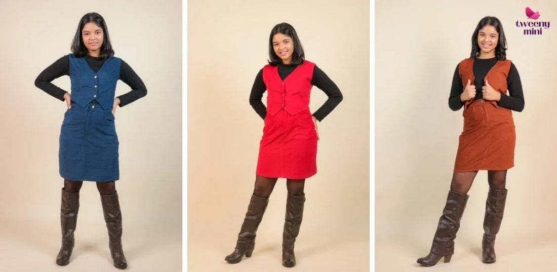 Girl modeling corduroy dungaree dresses in blue, red, and brown with boots for kids fashion