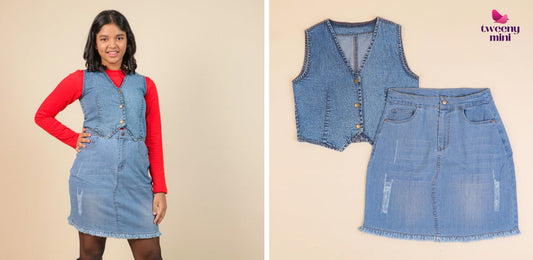 Girls denim vest with brass buttons and matching denim skirt set, tween fashion outfit