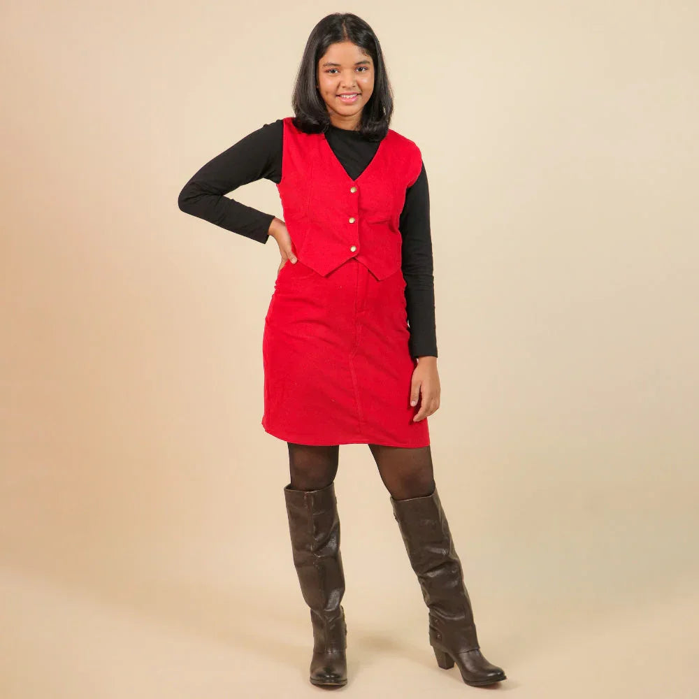 Girl in festive red skirt set with black top and brown boots, posing for Christmas outfit-Tweeny Mini