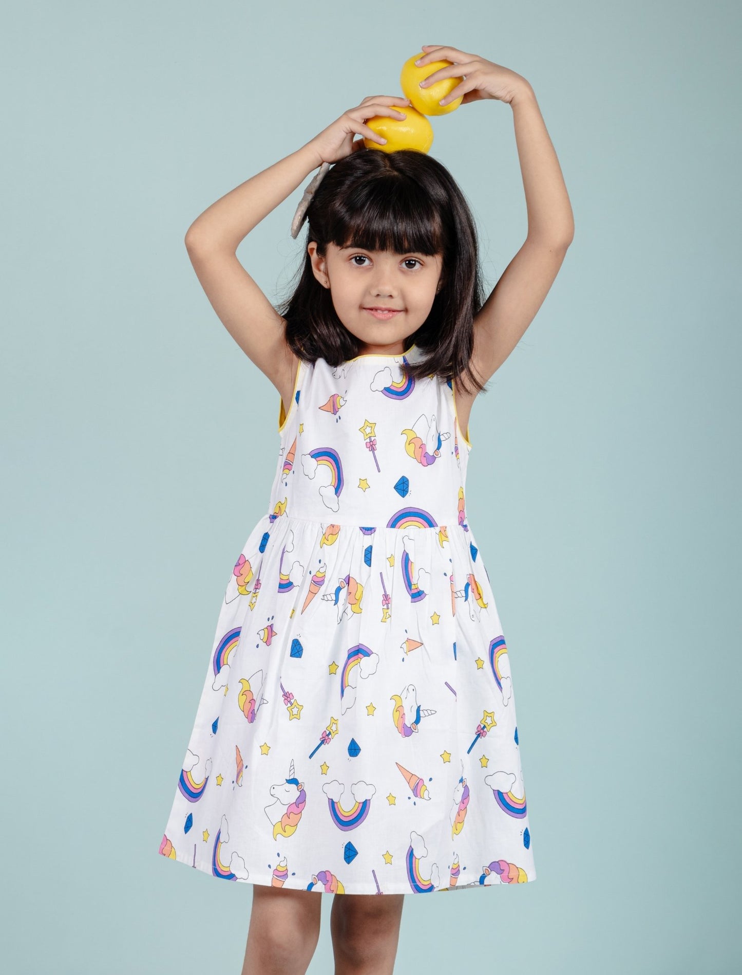 Girl Kids Rainbow and Unicorn Printed Pure Cotton Dress (White)