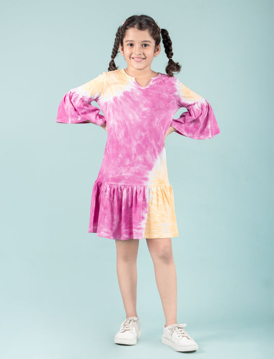 Girls Kids Pure Cotton Tie Dye A-line Dress (Orange-Pink)