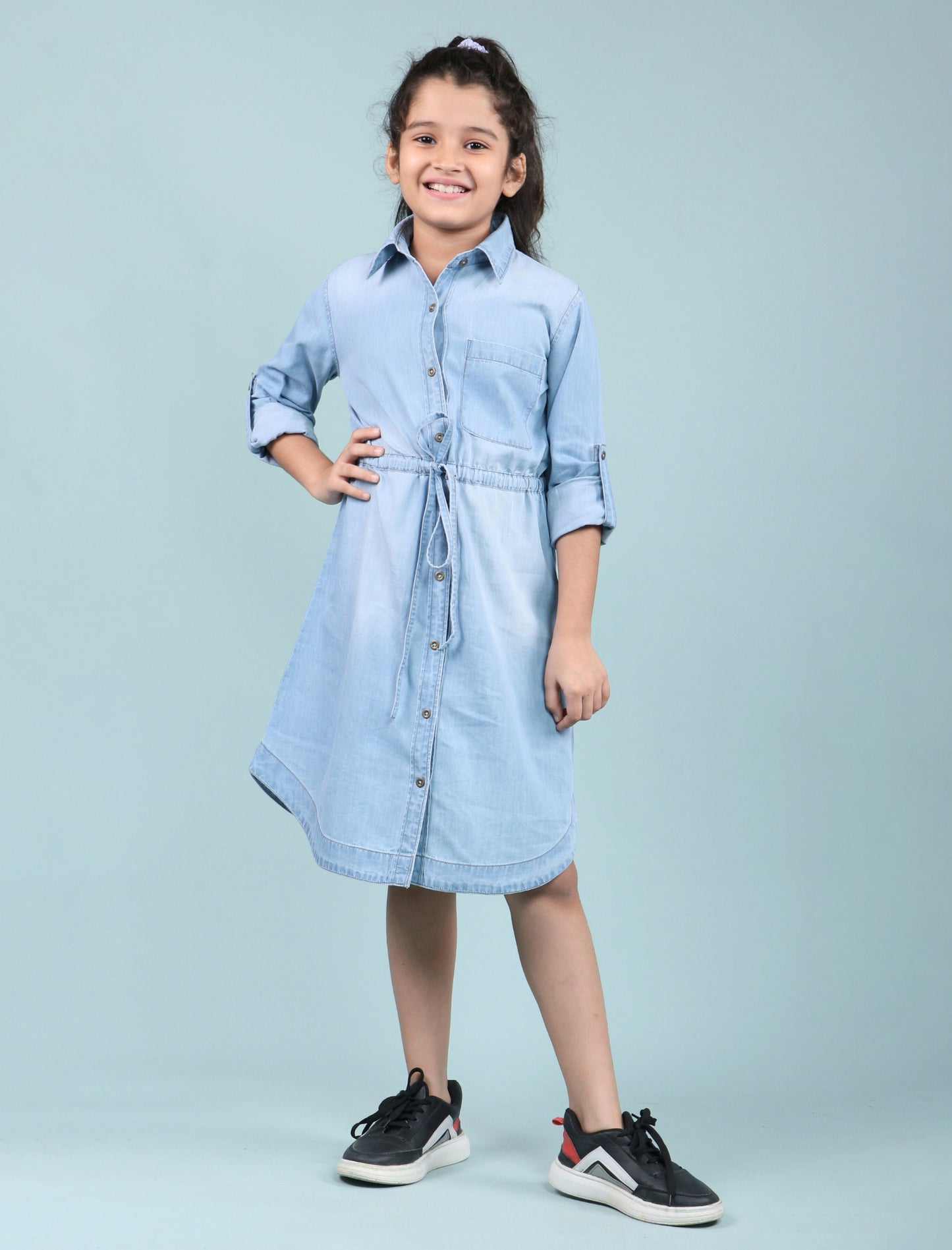 Belt Style Denim Shirtdress (BLUE)