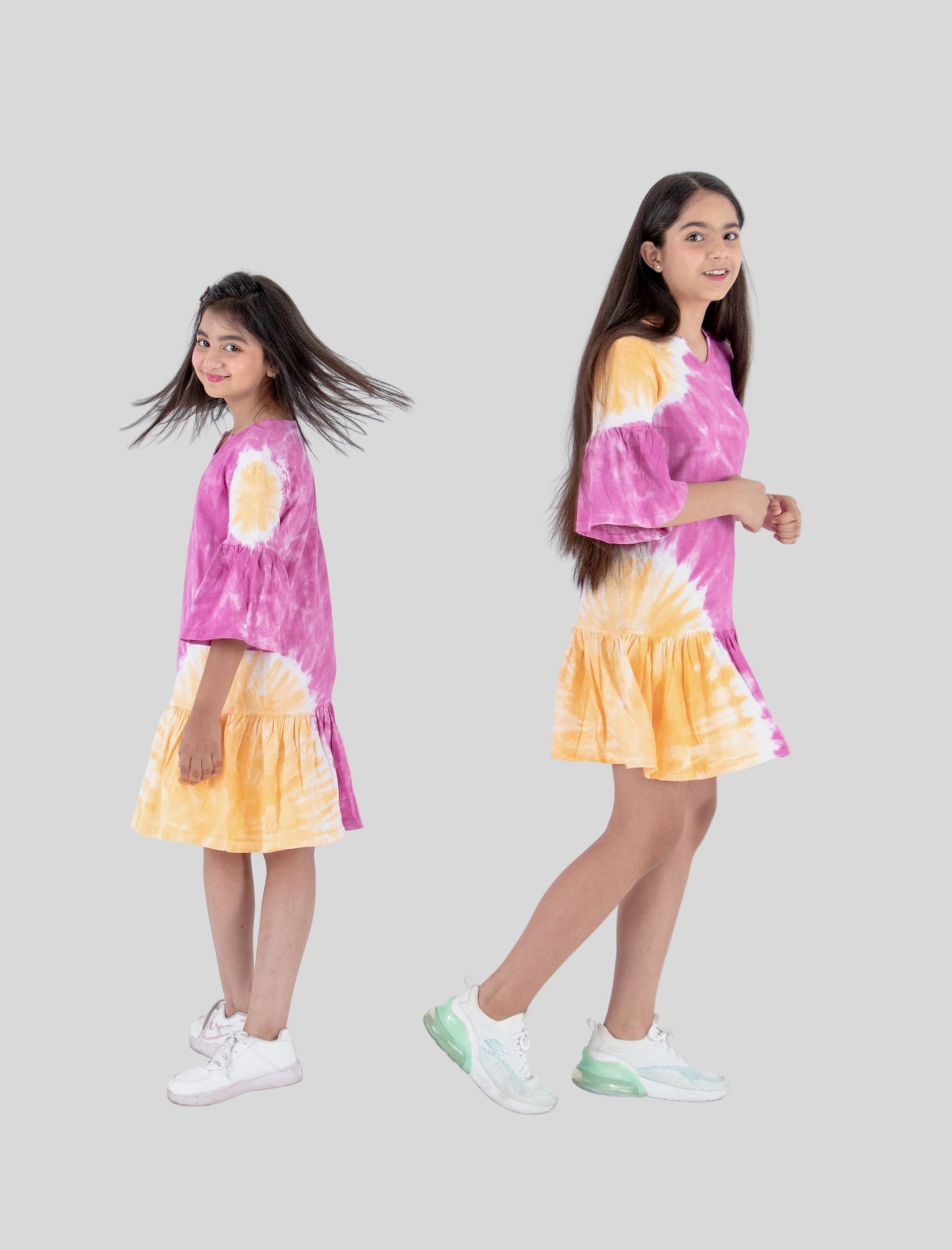 Girls Kids Pure Cotton Tie Dye A-line Dress (Orange-Pink)