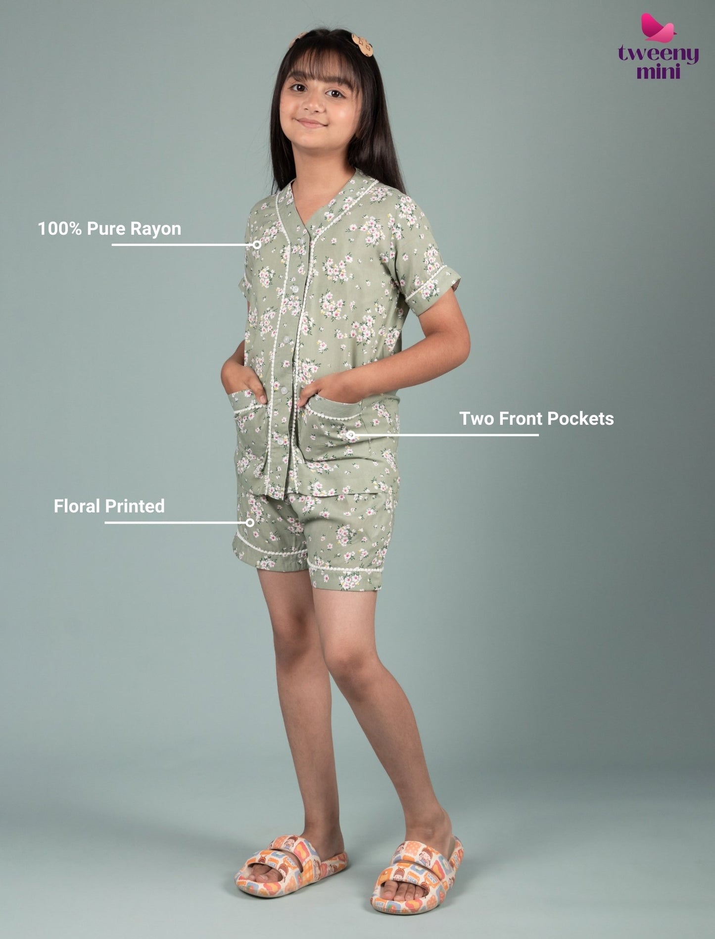 Girls Kids Floral Print Pure Rayon Summer Nightsuit (Half Sleeve, Light Green)