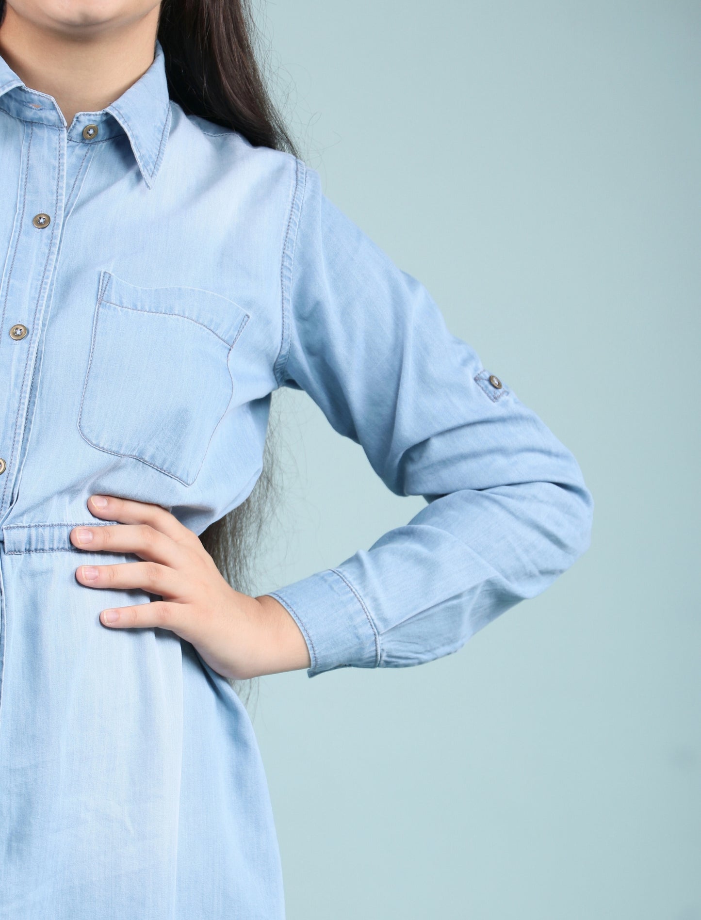 Belt Style Denim Shirtdress (BLUE)