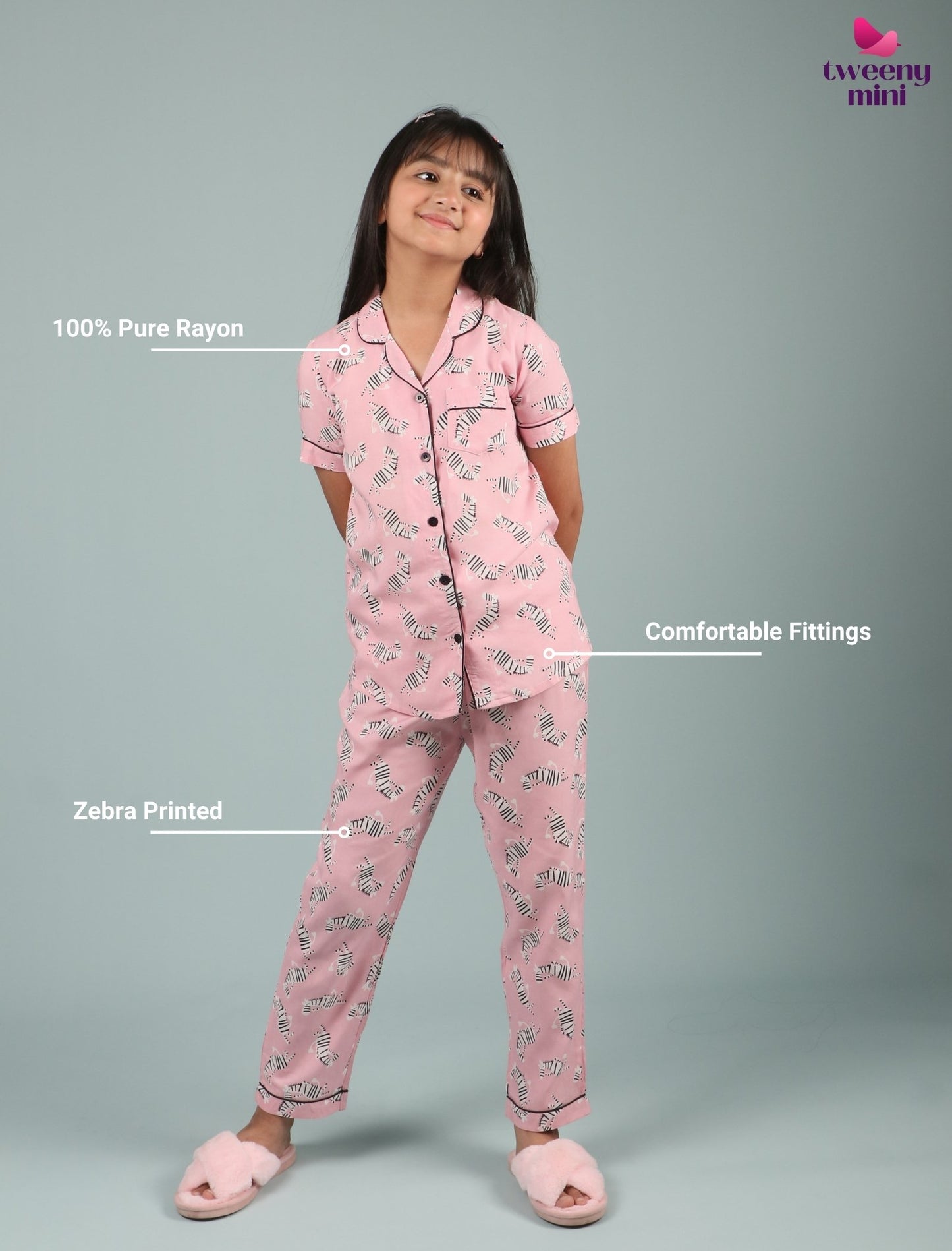 Girls Kids Pure Rayon Zebra Print Summer Sleepwear (Half Sleeve, Pink)