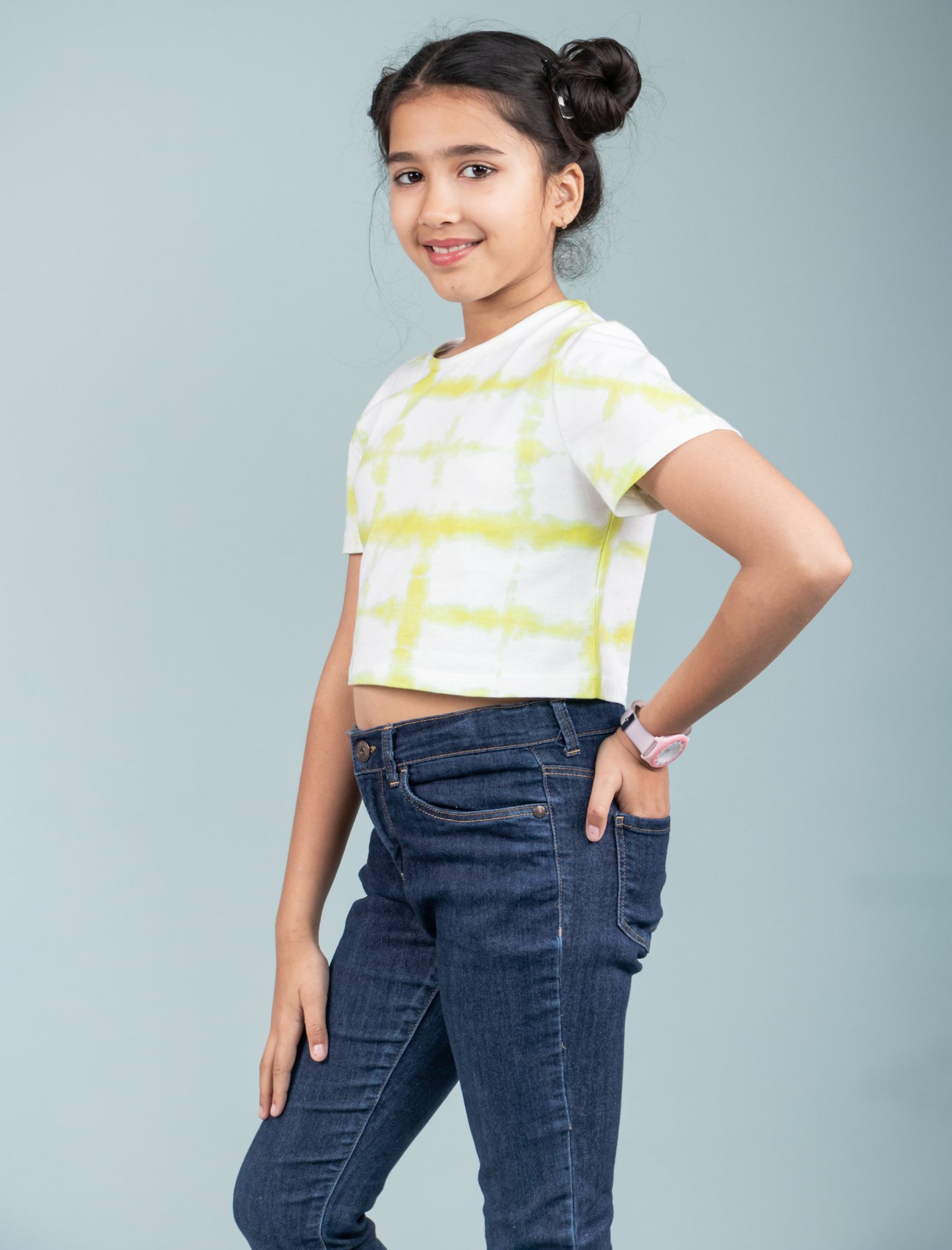 Girls Kids Tie-Dye Cotton Summer Crop Top T-Shirt (Lime Green)