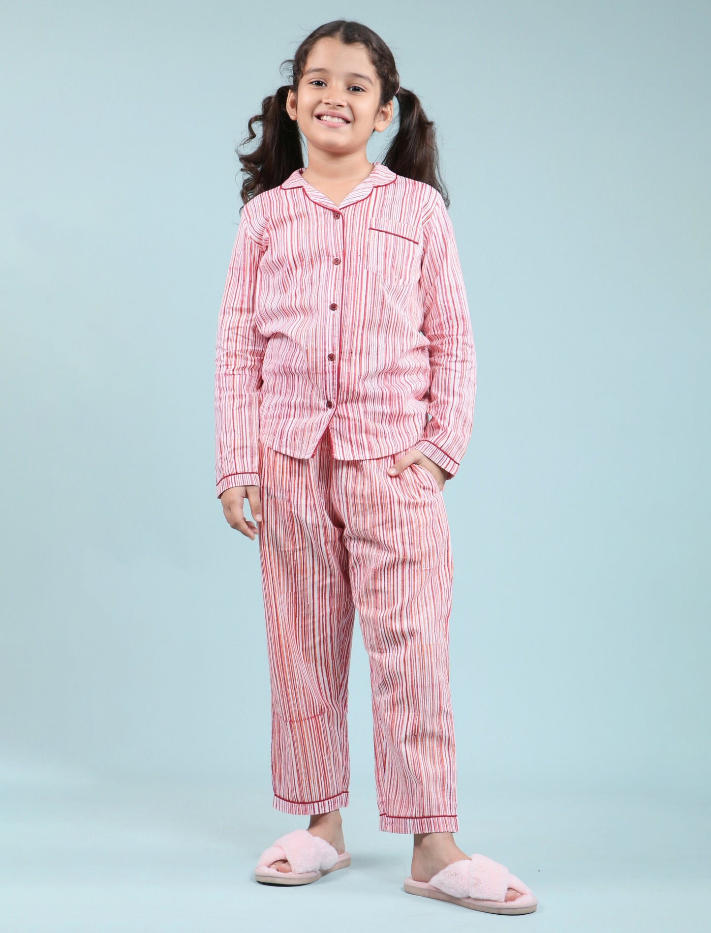 Hand Block Printed Stripe Nightsuit set (Red)