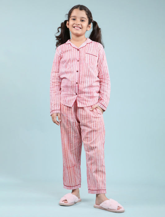 Hand Block Printed Stripe Nightsuit set (Red) - Tweeny Mini