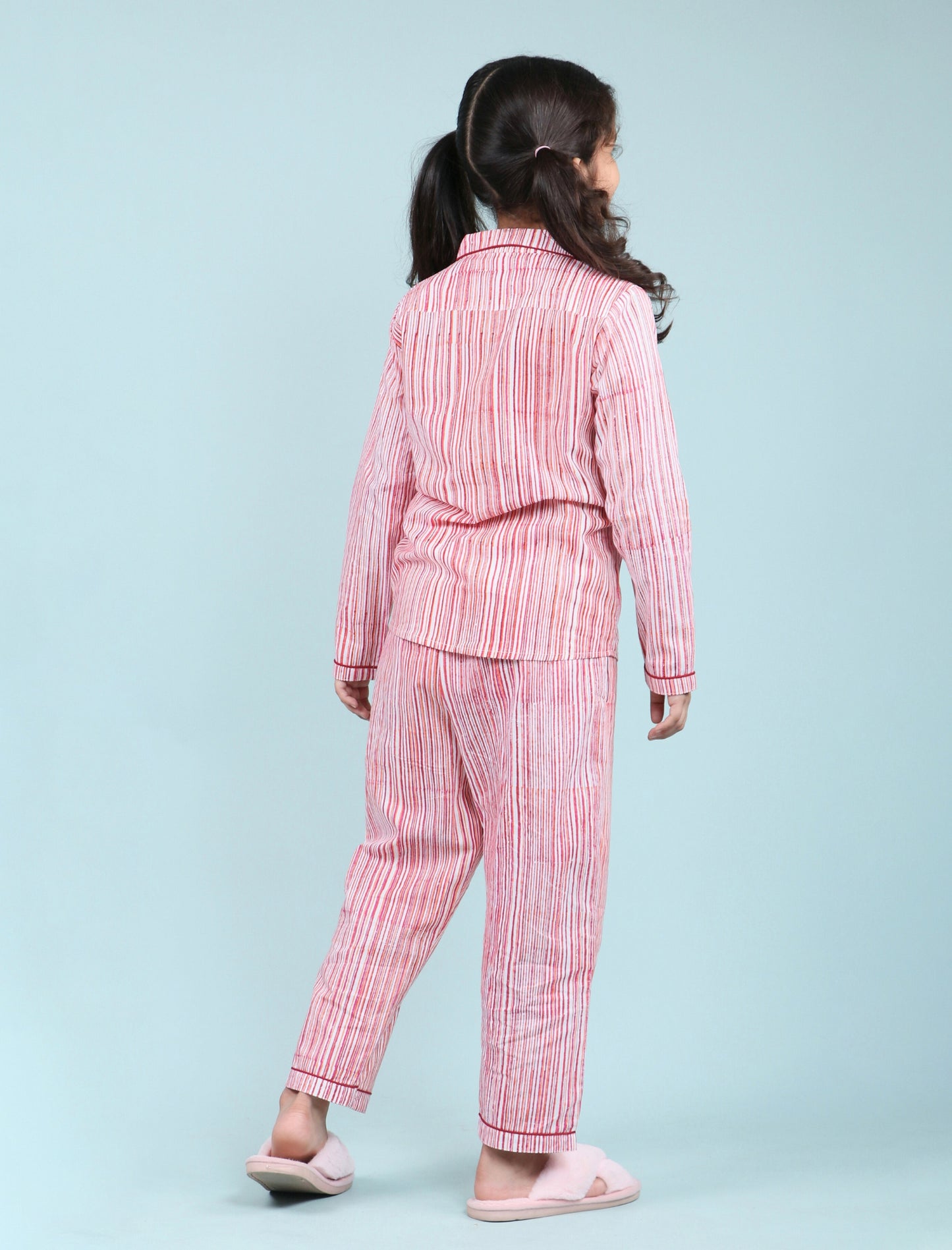 Hand Block Printed Stripe Nightsuit set (Red)