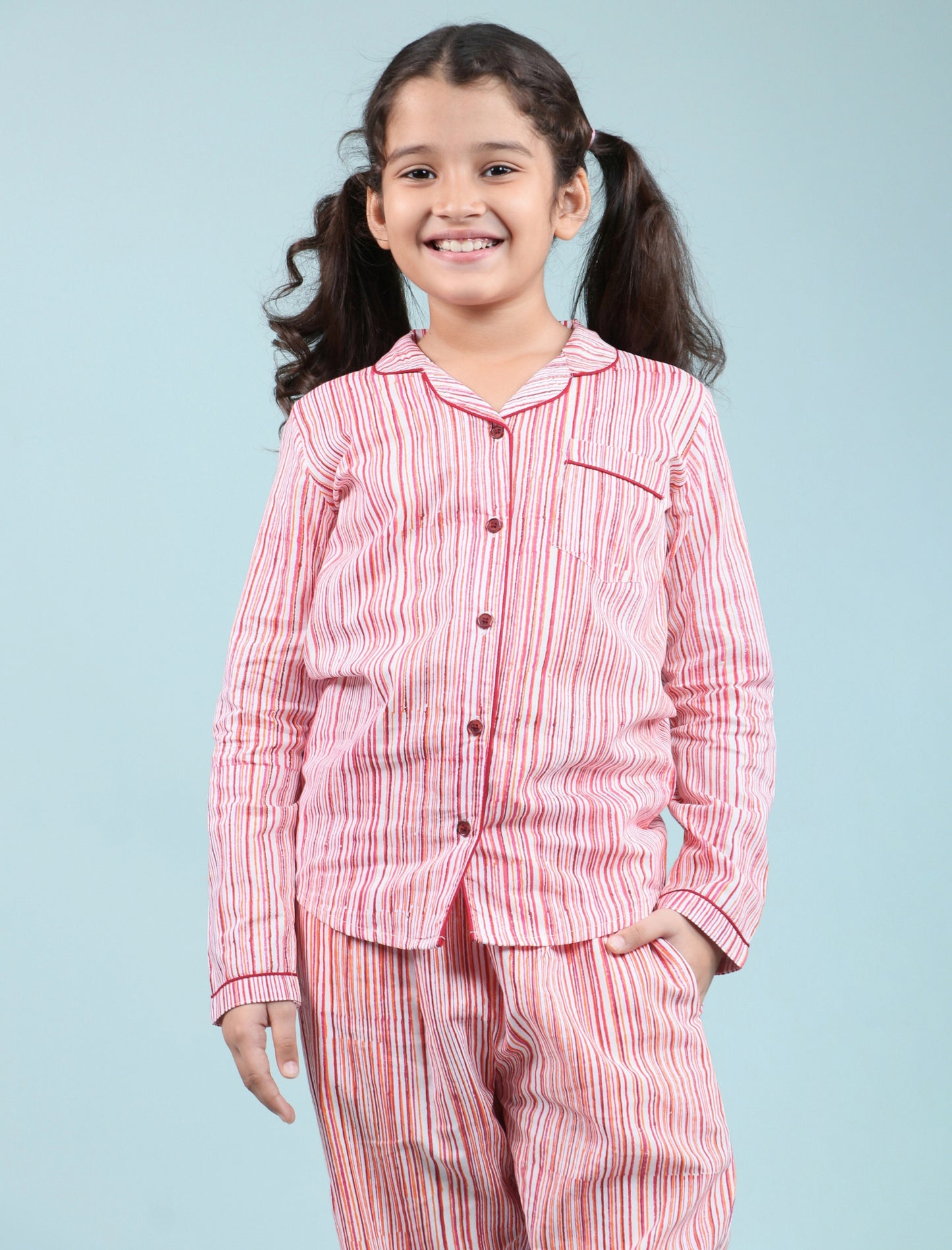 Hand Block Printed Stripe Nightsuit set (Red)