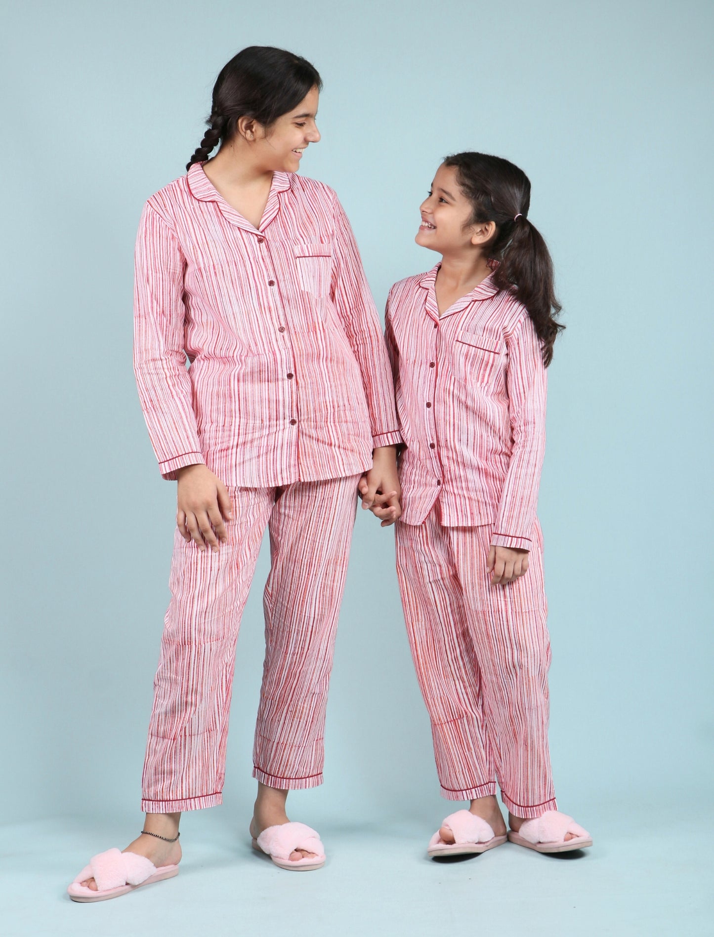 Hand Block Printed Stripe Nightsuit set (Red)