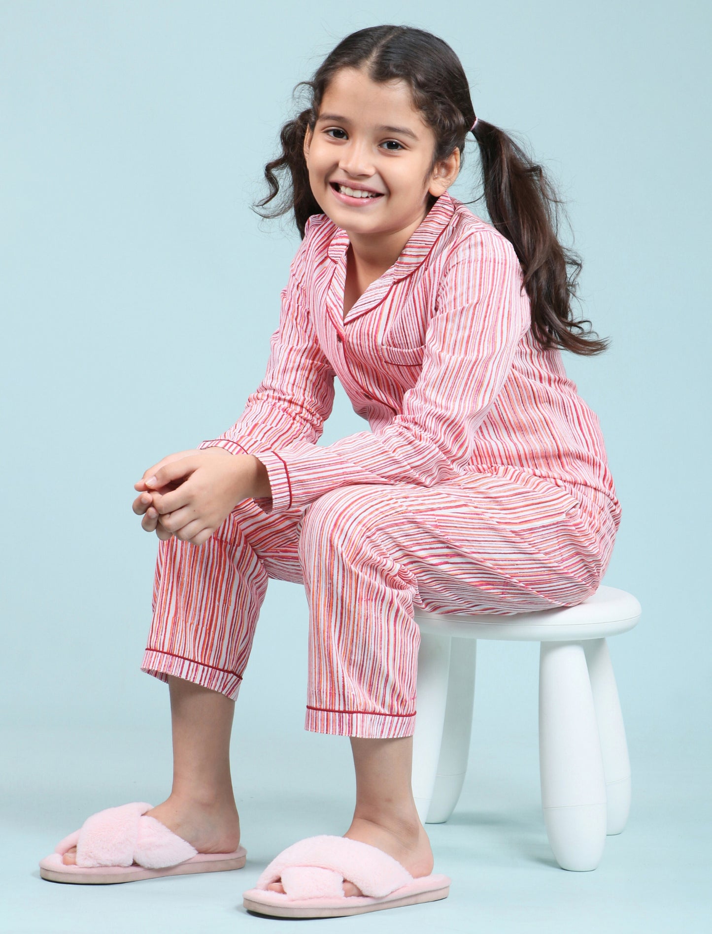 Hand Block Printed Stripe Nightsuit set (Red)