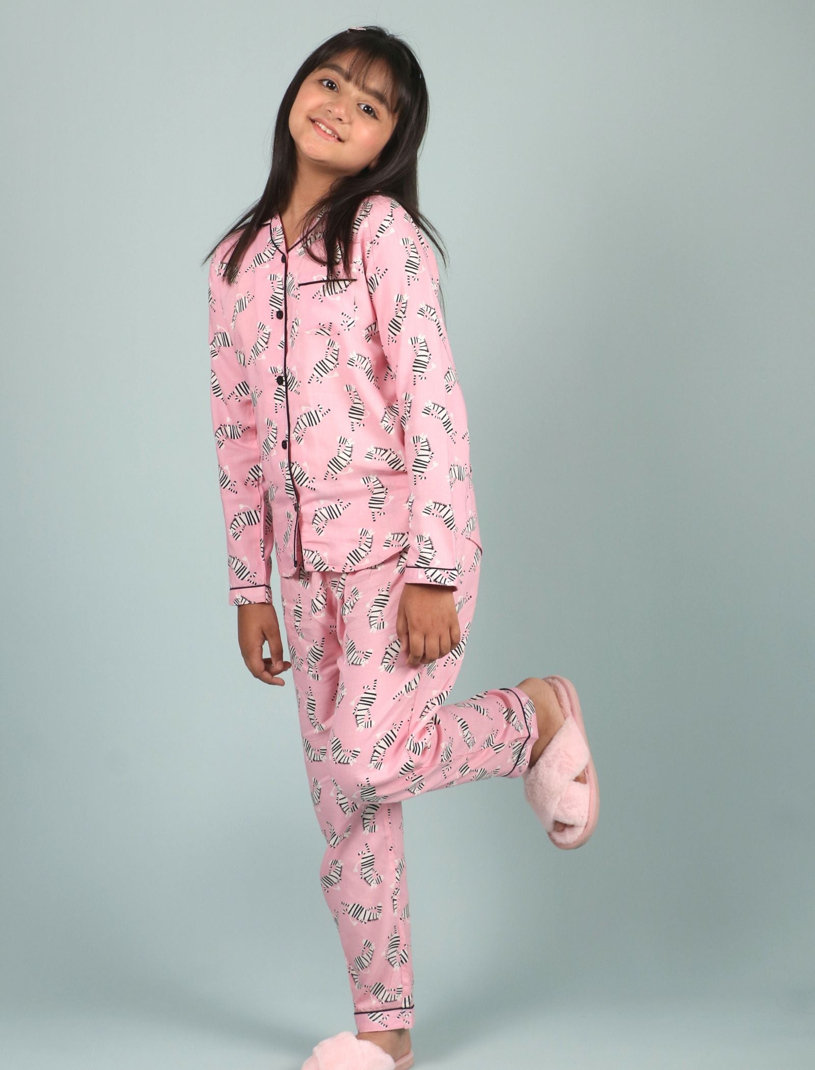 Girls Kids Zebra Print Sleepwear Full Sleeve Pink