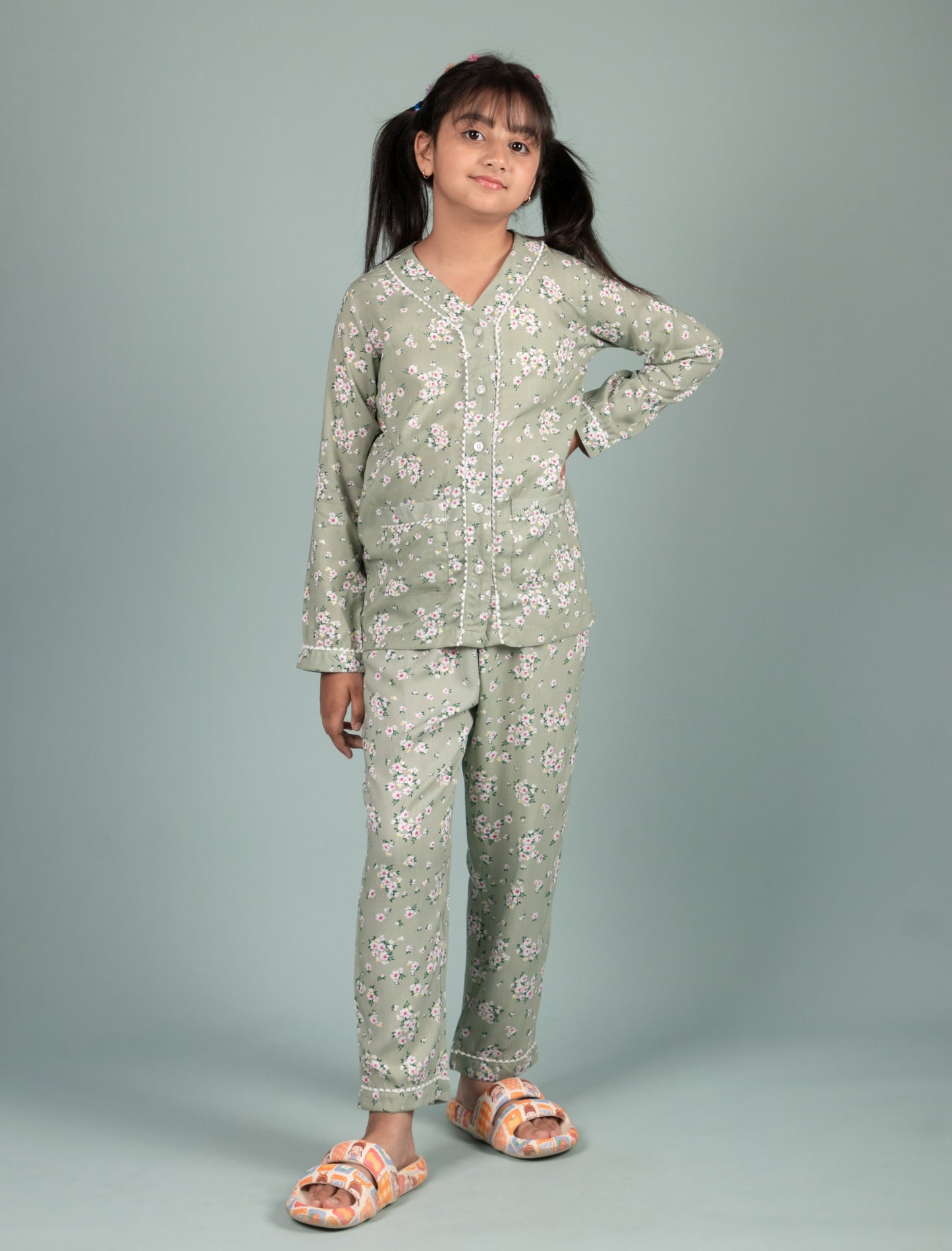 Girls Kids Floral Pure Rayon Print Full Sleeve Night Suit (Light Green)