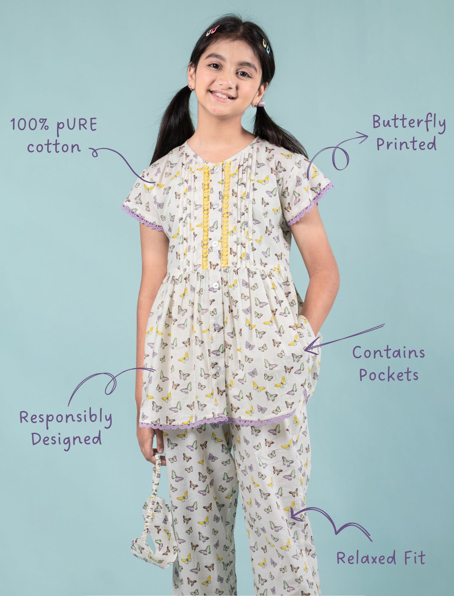 Pretty Butterfly Printed Nightsuit with Matching Eyemask (Lavender)