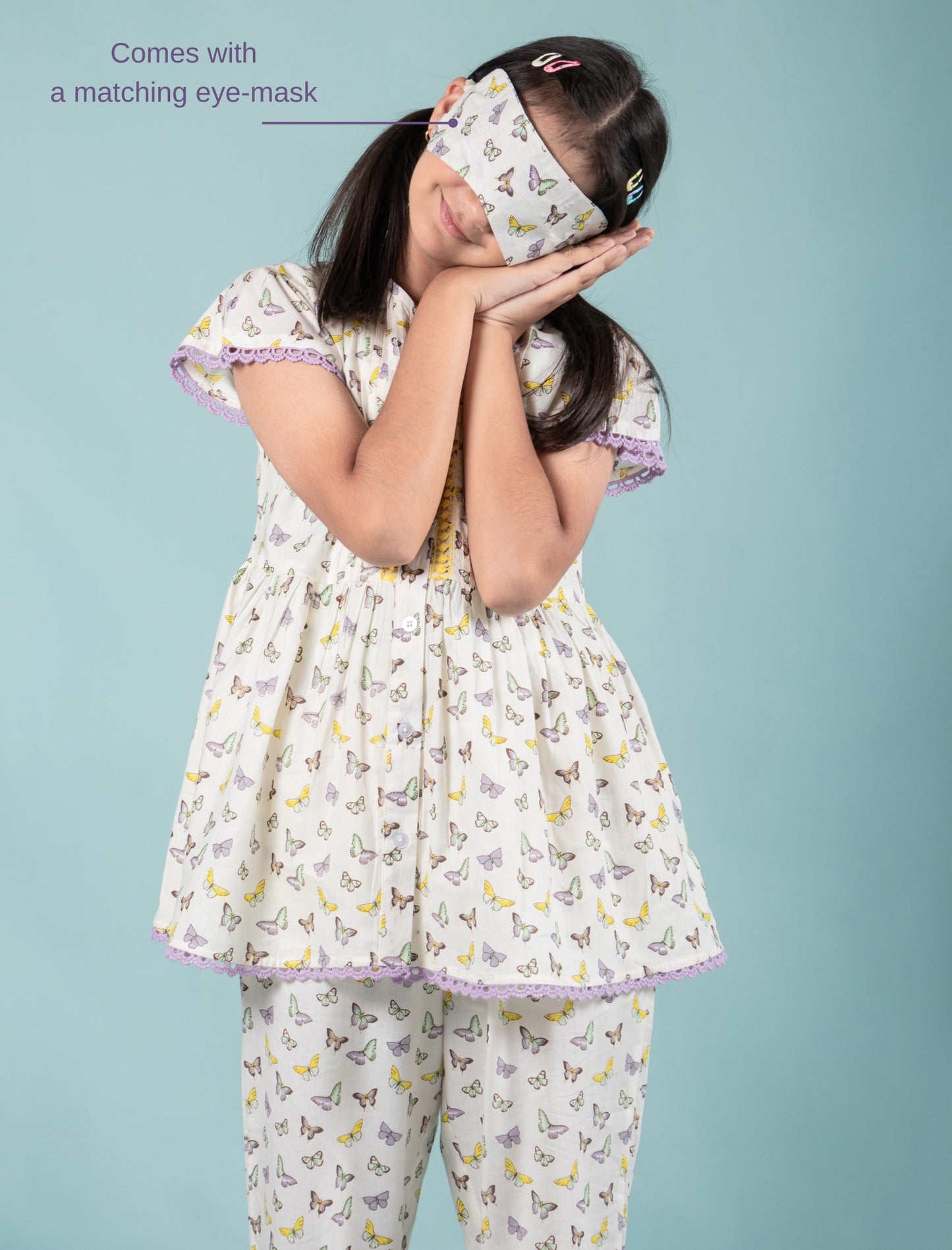 Pretty Butterfly Printed Nightsuit with Matching Eyemask (Lavender)