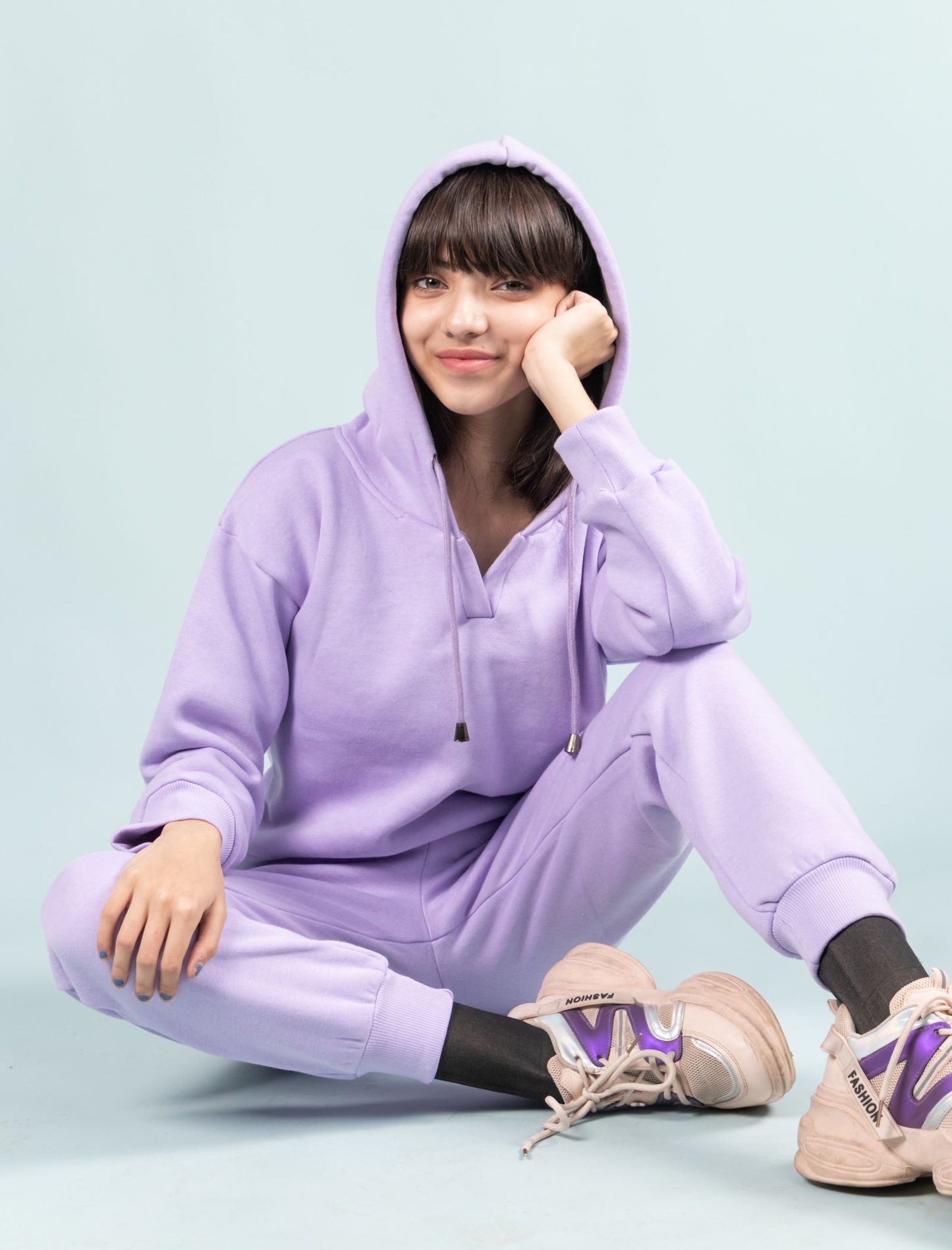 Girls Kids Winter Pure Cotton Fleece Hoodie Joggers Track Suit Set (Lavender)